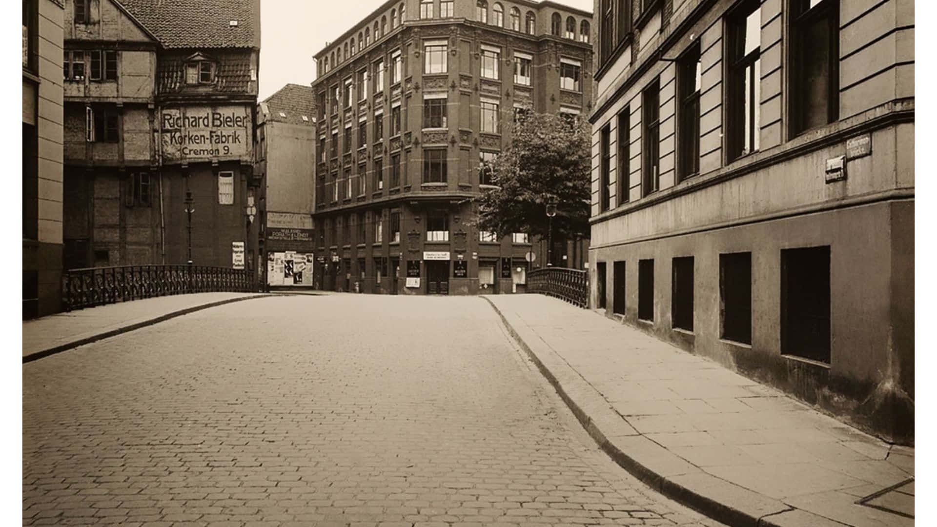 Hamburg, sepia-toned, cobblestone street, Full HD Desktop Wallpaper