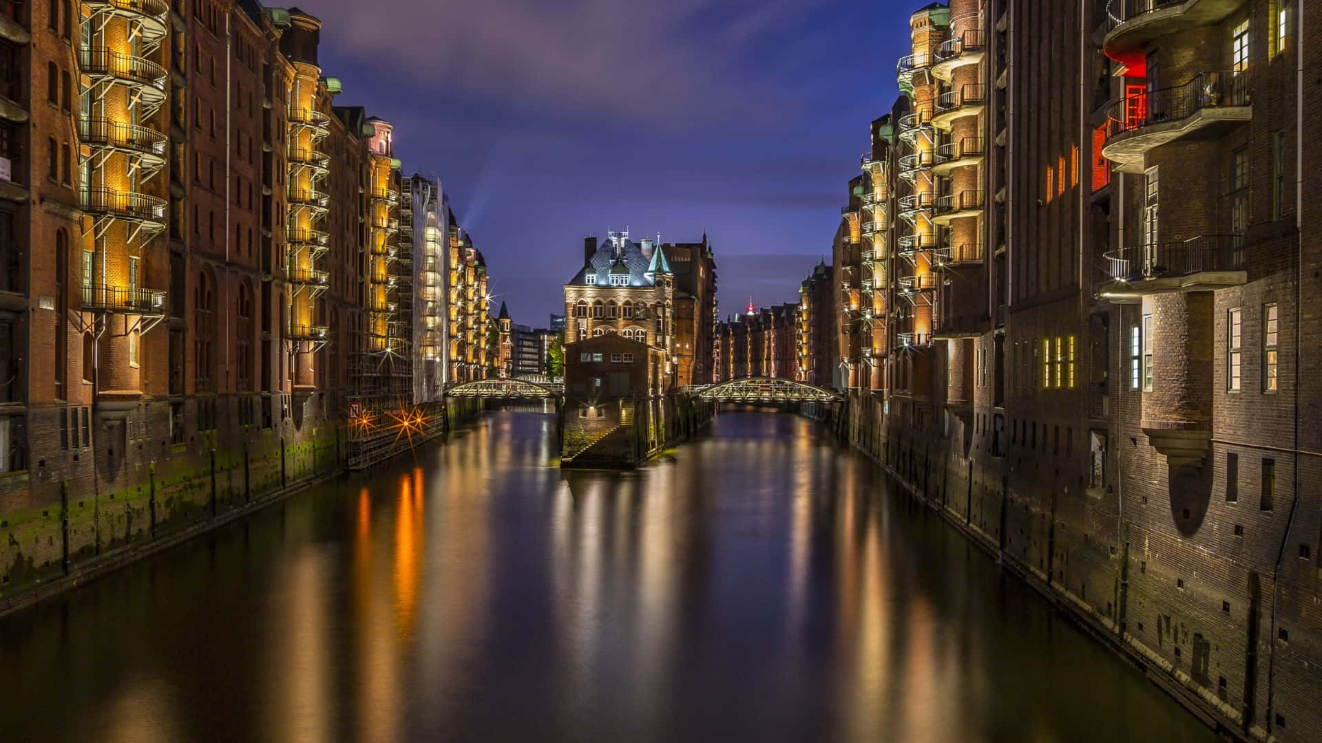 Hamburg, twilight, canal, Full HD Desktop Wallpaper