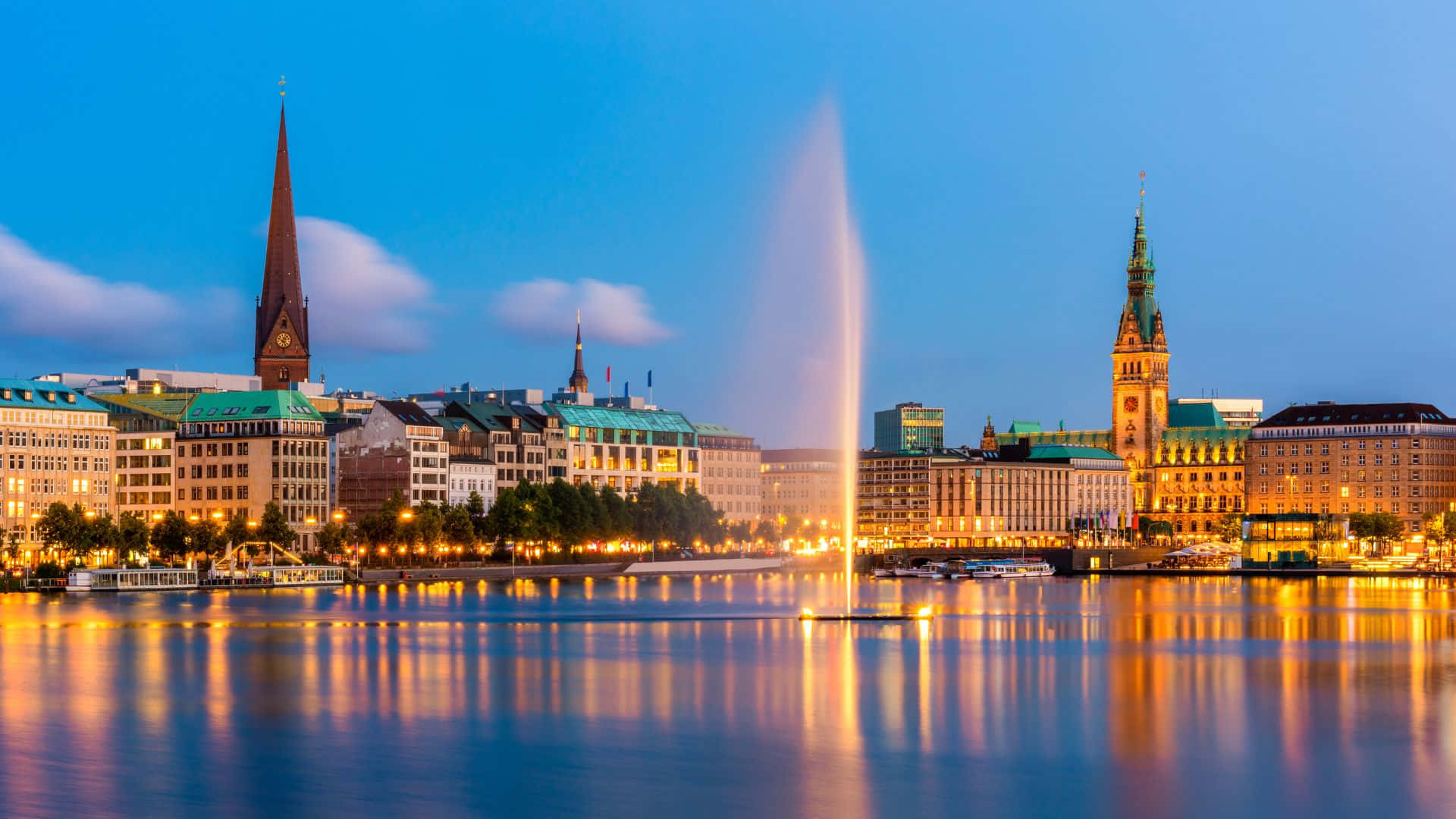 Hamburg, twilight cityscape, historic buildings, Full HD Desktop Wallpaper