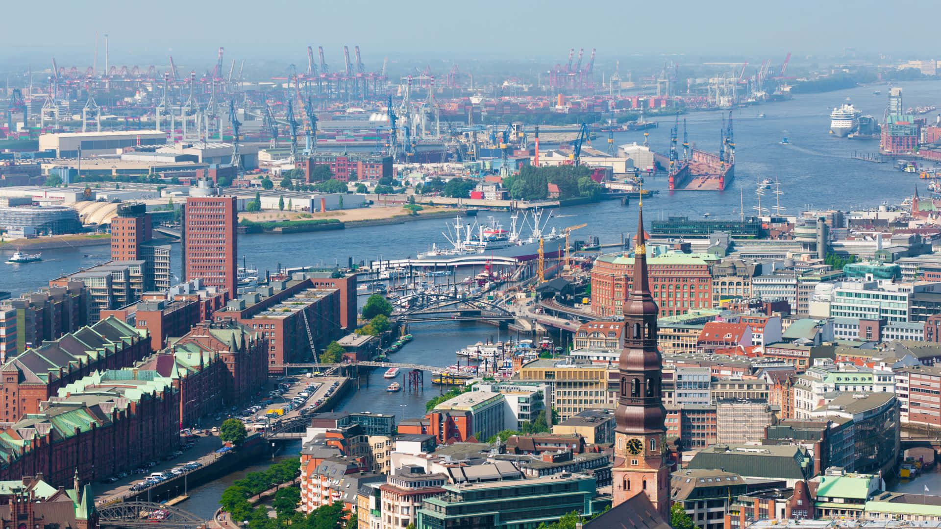 Hamburg, harbor, red brick buildings, Full HD Desktop Wallpaper