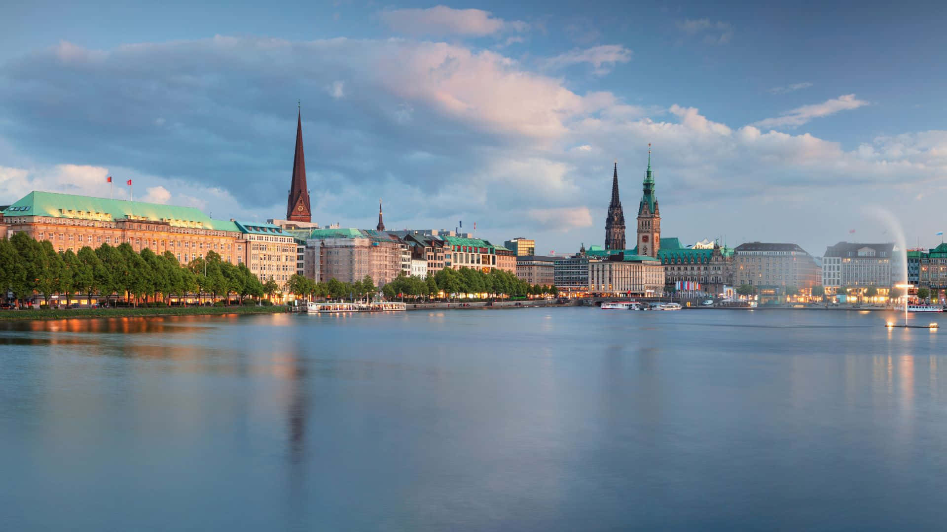 Hamburg, skyline, calm waters, Full HD Desktop Wallpaper