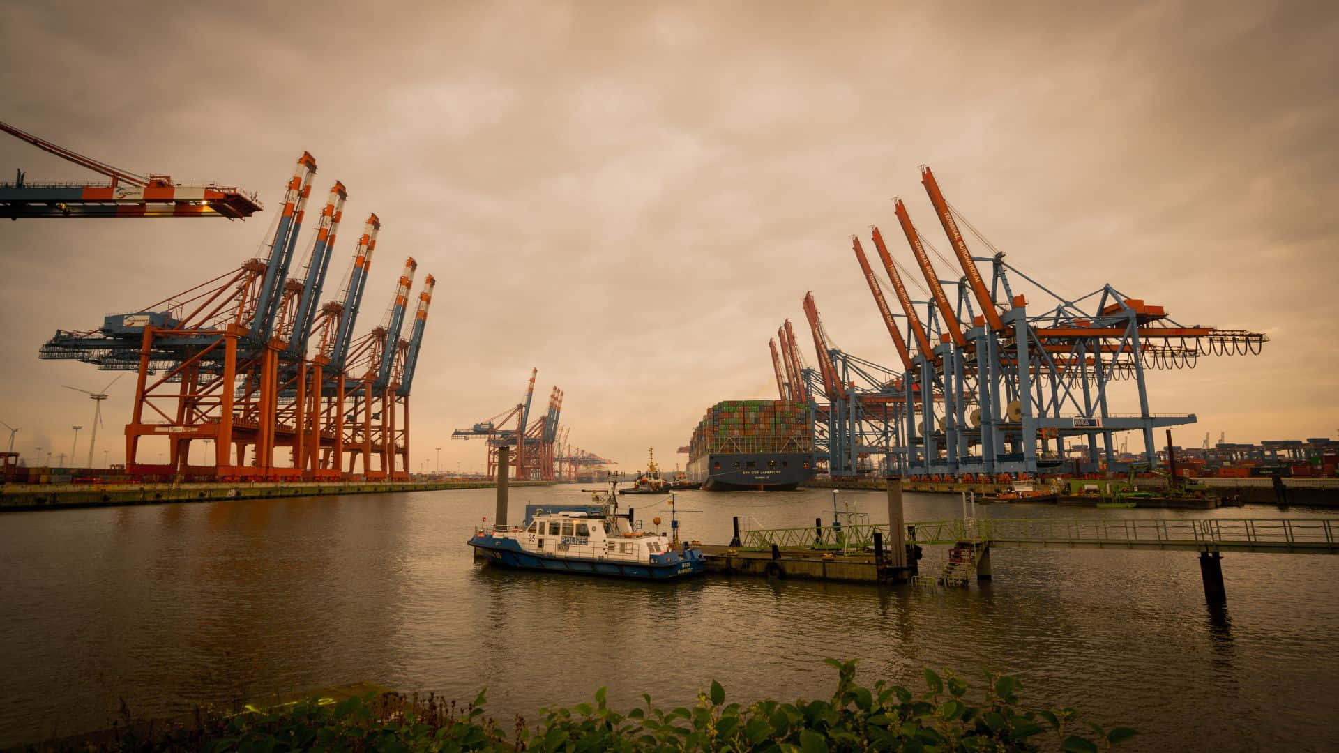 Hamburg, dusk, orange and blue cranes, Full HD Desktop Wallpaper