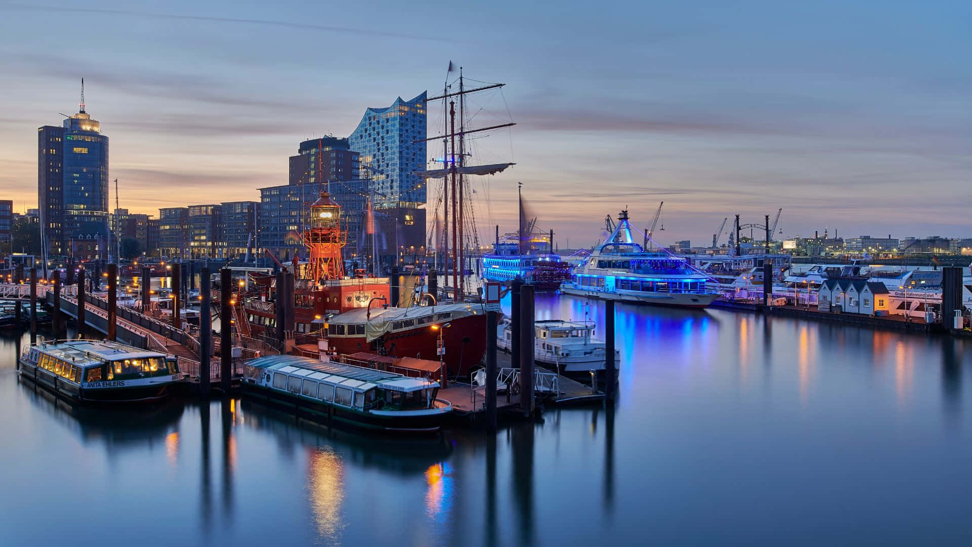 Hamburg, harbor, dusk, Full HD Desktop Wallpaper