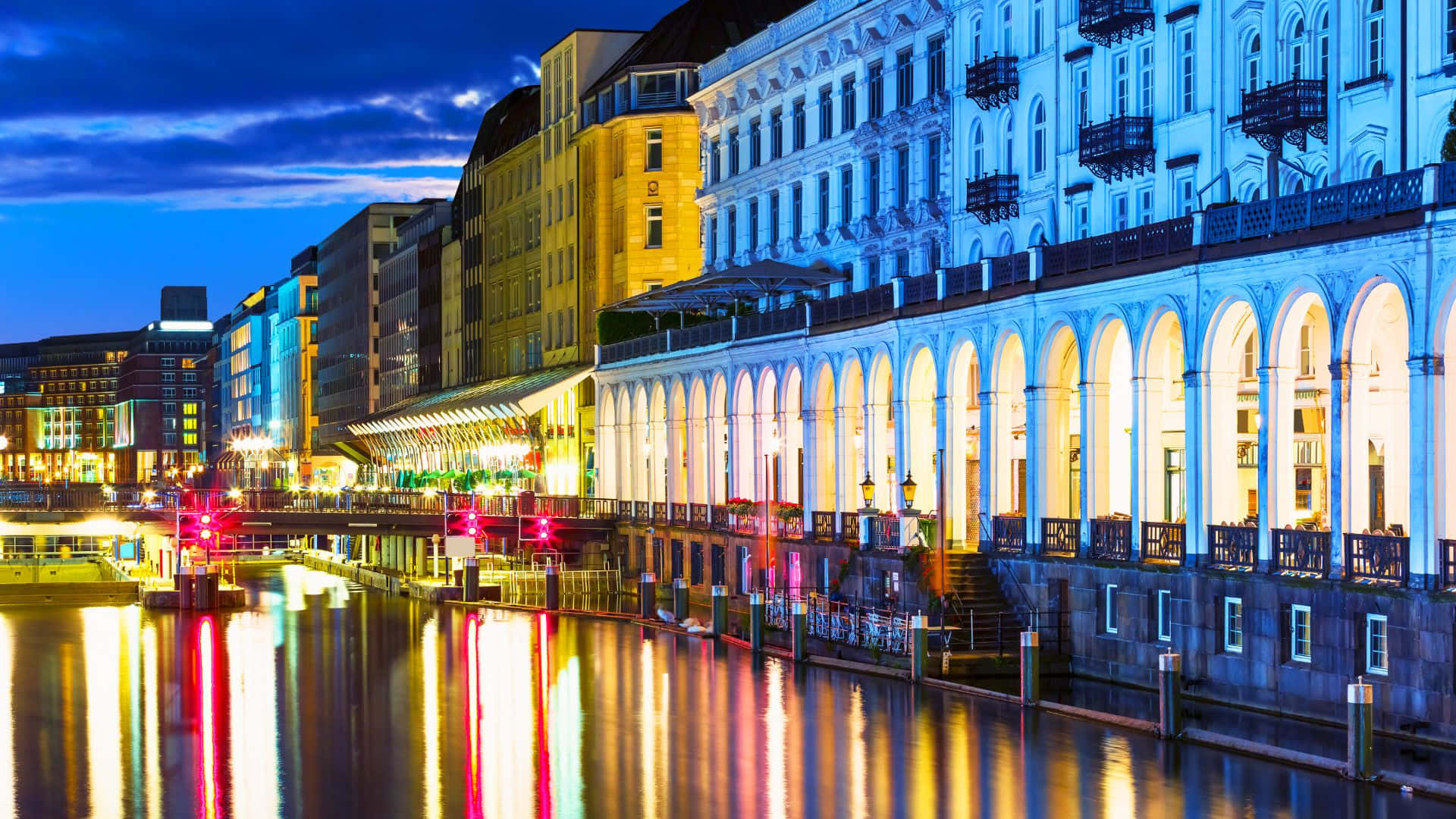 Hamburg, city canal, dusk, Full HD Desktop Wallpaper