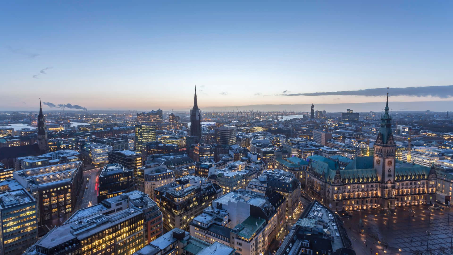 Hamburg, dusk, aerial view, Full HD Desktop Wallpaper