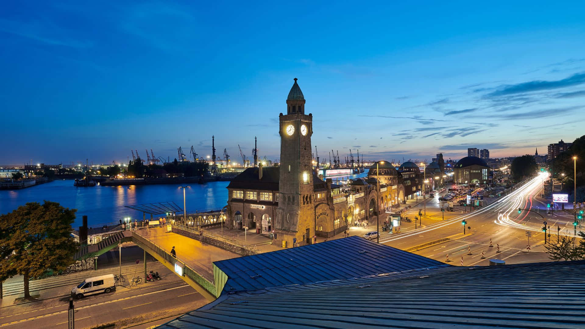 Hamburg, clock tower, dusk, Full HD Desktop Wallpaper