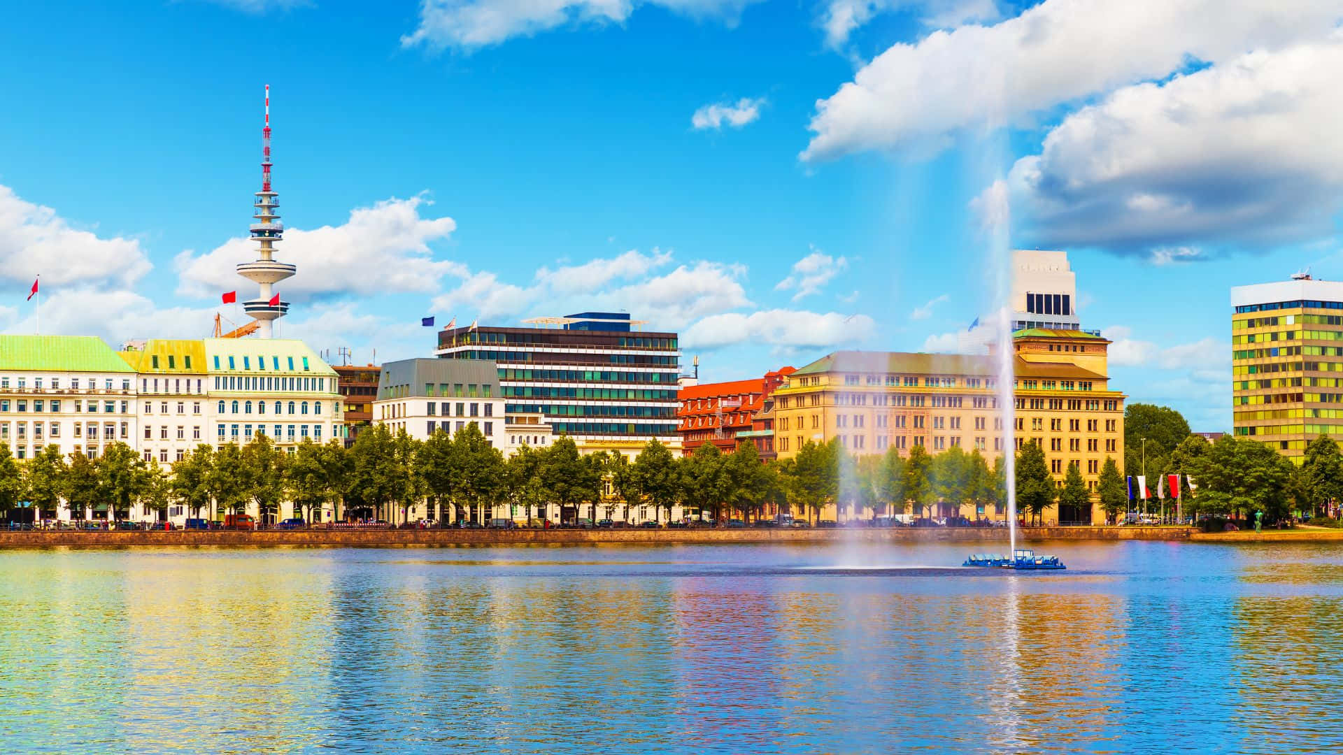 Hamburg, colorful buildings, tall tower, Full HD Desktop Wallpaper