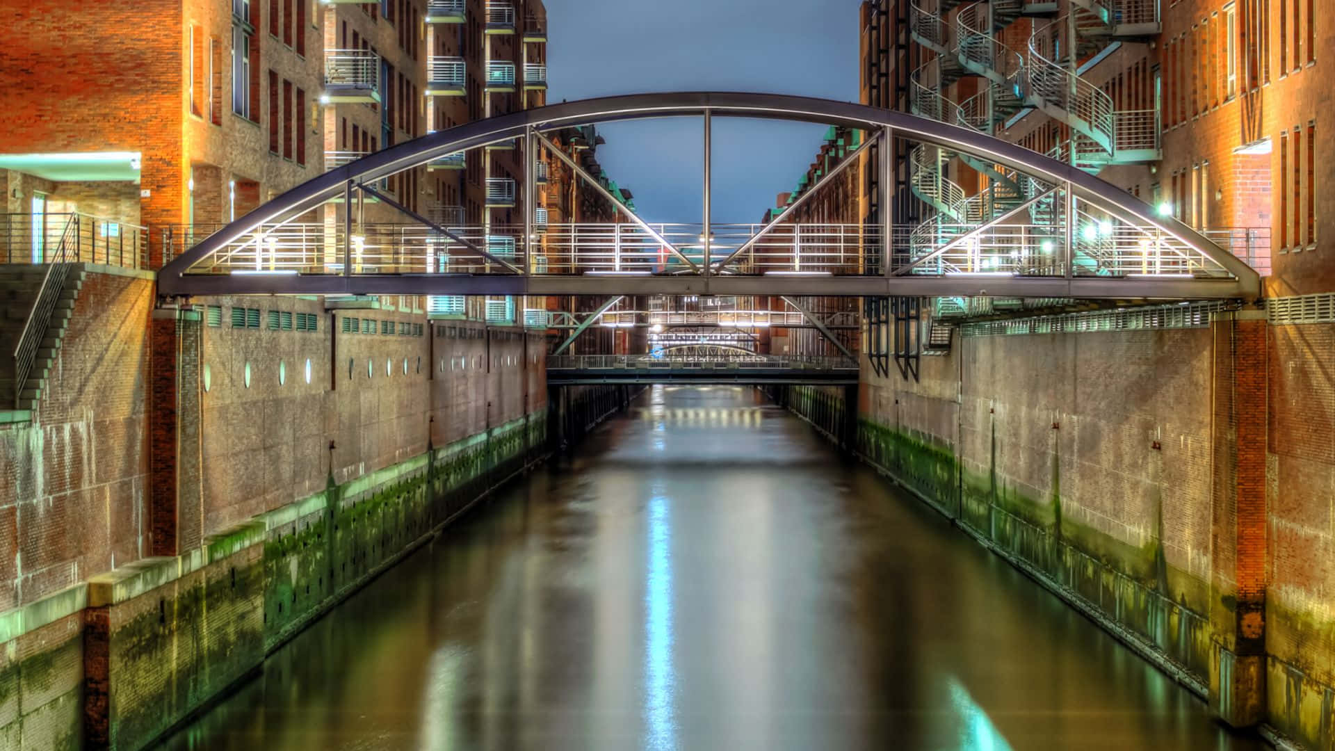 Hamburg, modern arched bridge, calm canal, Full HD Desktop Wallpaper