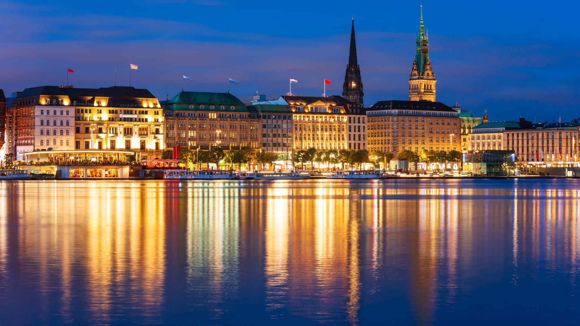 Hamburg, twilight cityscape, historic buildings, Full HD Desktop Wallpaper