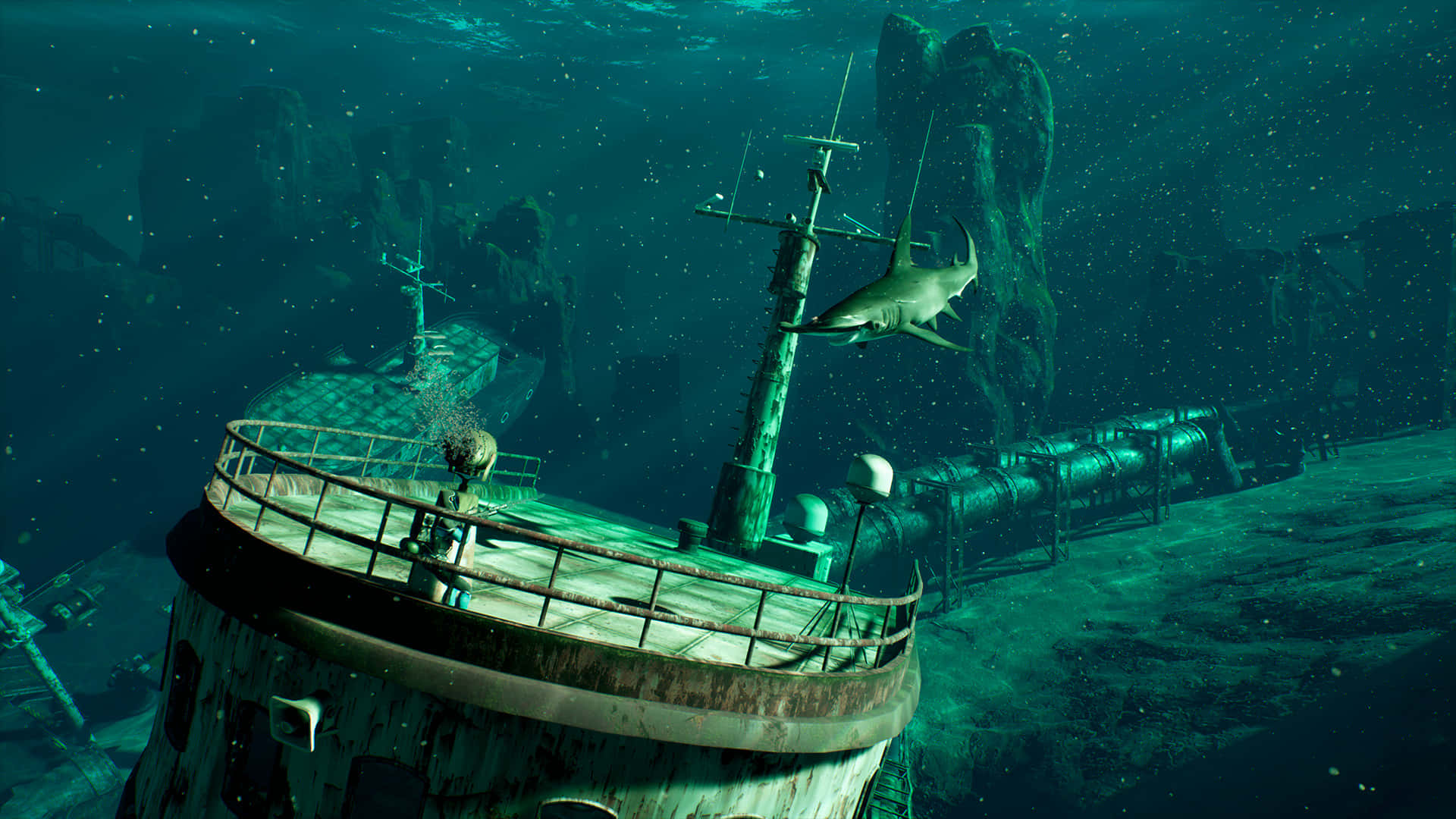 Hammerhead Shark, sunken shipwreck, underwater, Full HD Desktop Wallpaper