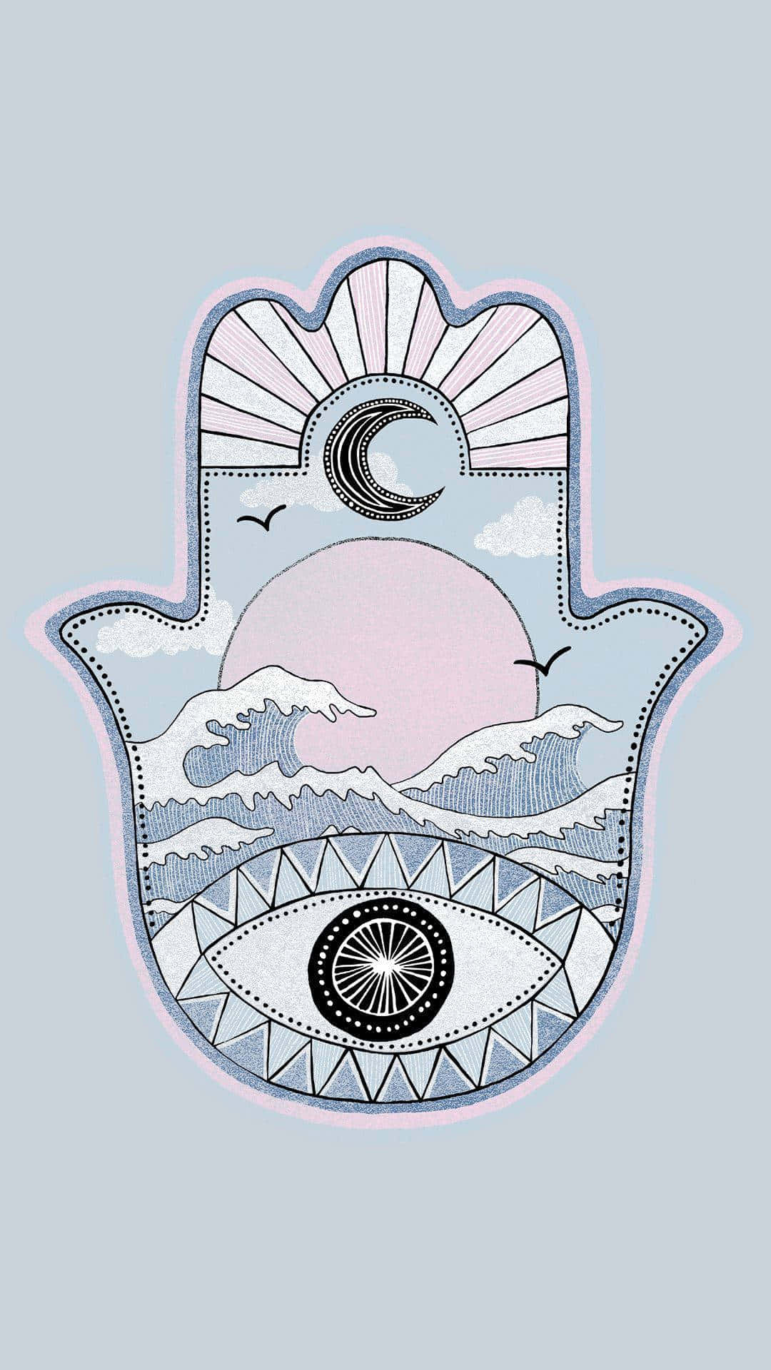 Hamsa, crescent moon, sun waves, Full HD Phone Wallpaper