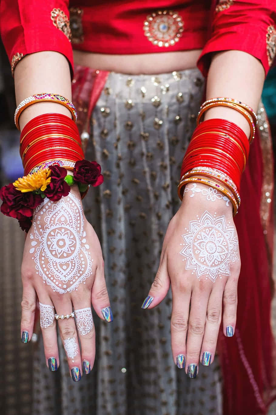 Hamsa, white henna patterns, red bangles, HD Phone Wallpaper