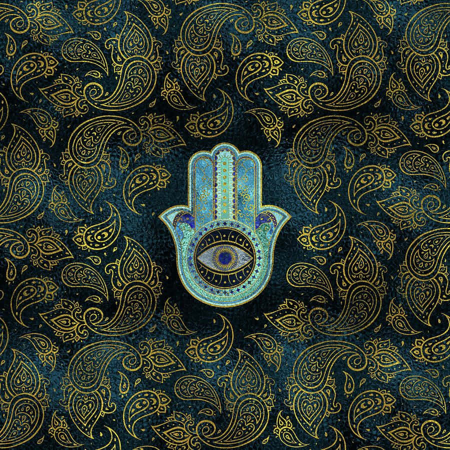 Hamsa, blue and gold, eye at its center, SD Desktop Wallpaper