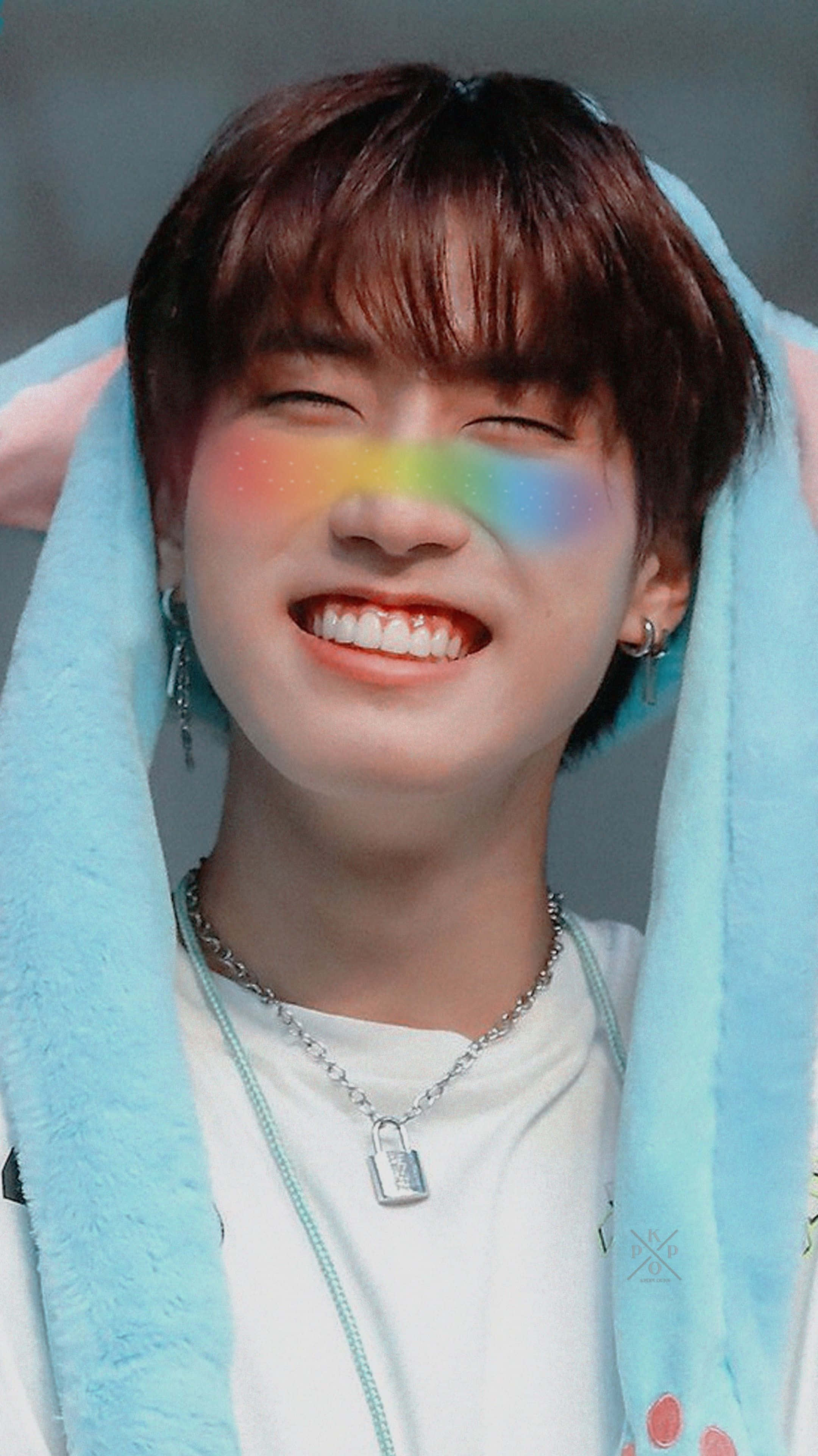 Han Jisung, rainbow smile, light blue fluffy hood, 4K Phone Wallpaper