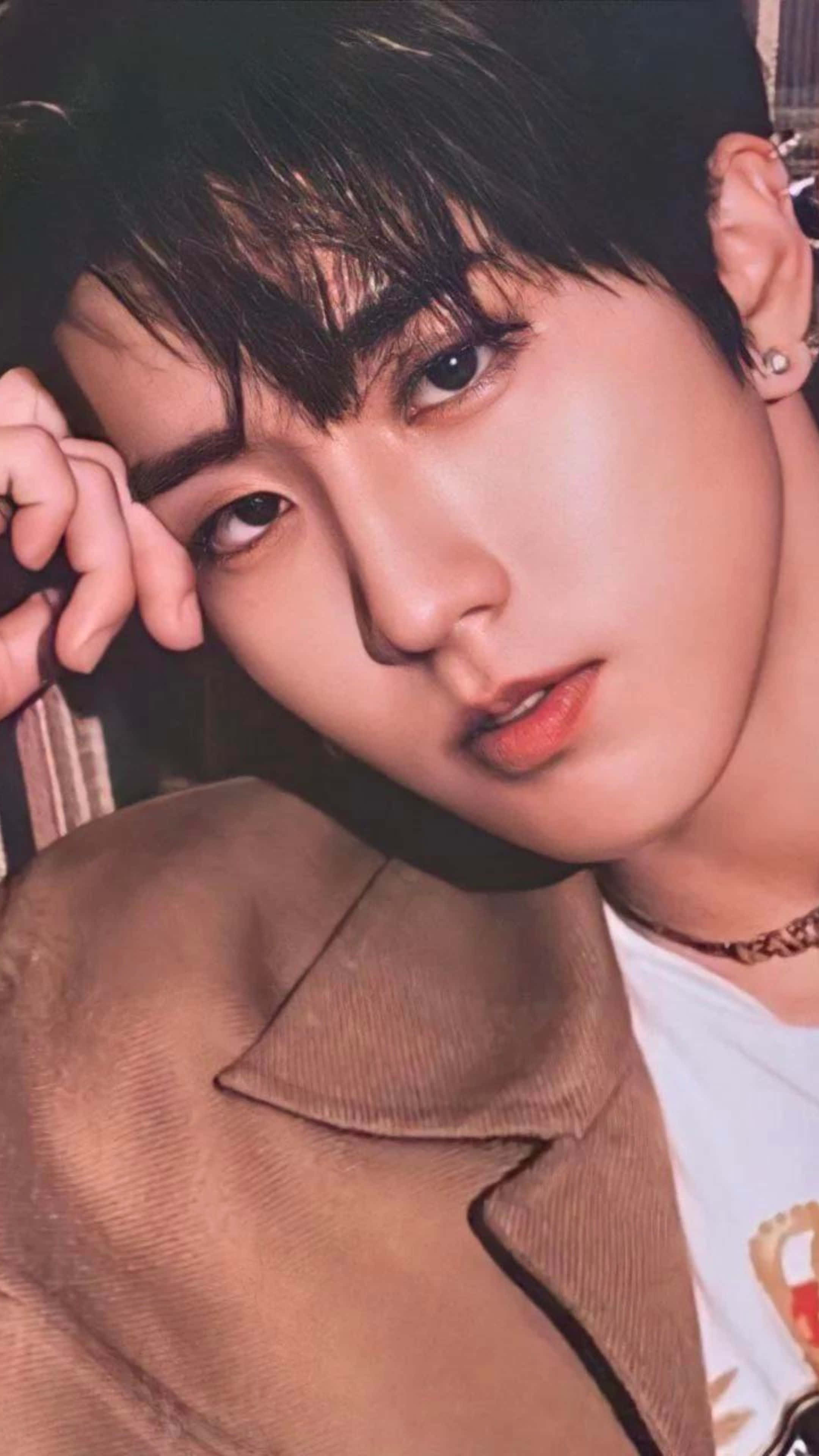Han Jisung, dark hair, red lips, 4K Phone Wallpaper