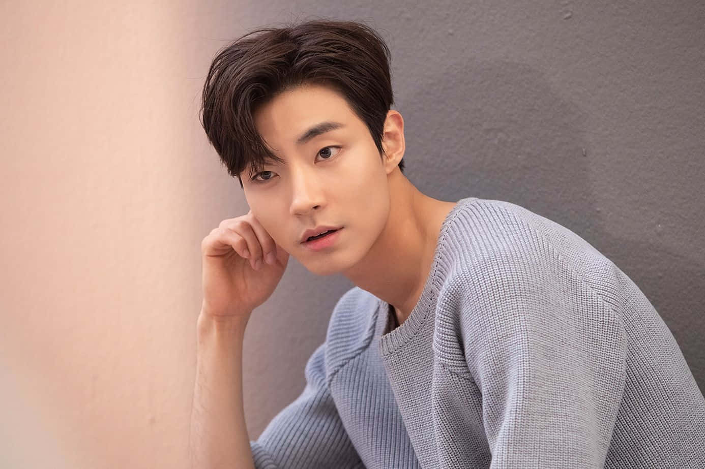 Han Seojun, dark hair, textured gray sweater, HD Desktop Wallpaper