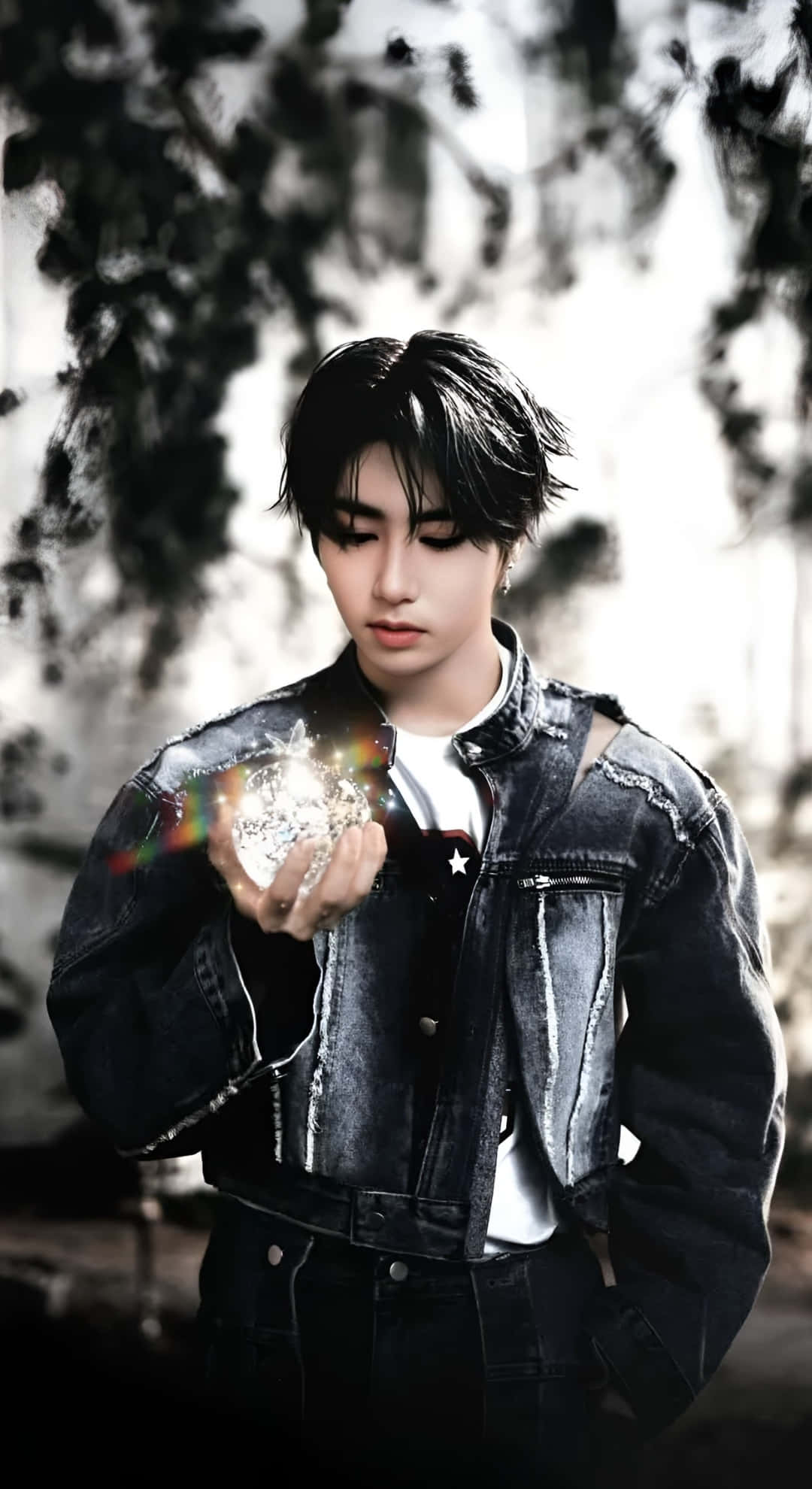 Han Stray Kids, distressed denim jacket, glowing orb, Full HD Phone Wallpaper