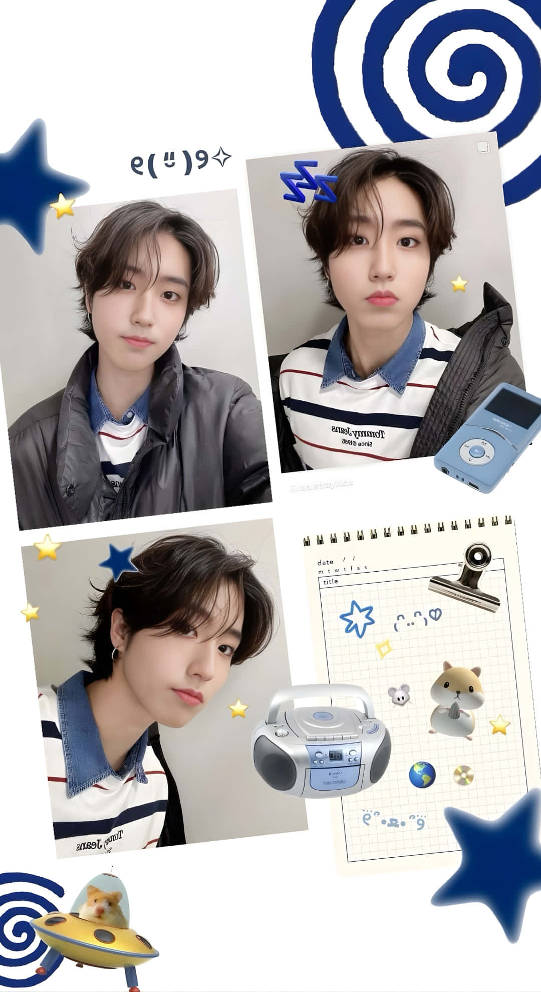 Han Stray Kids, blue stars spiral gadgets, notebook with doodles, Full HD Phone Wallpaper