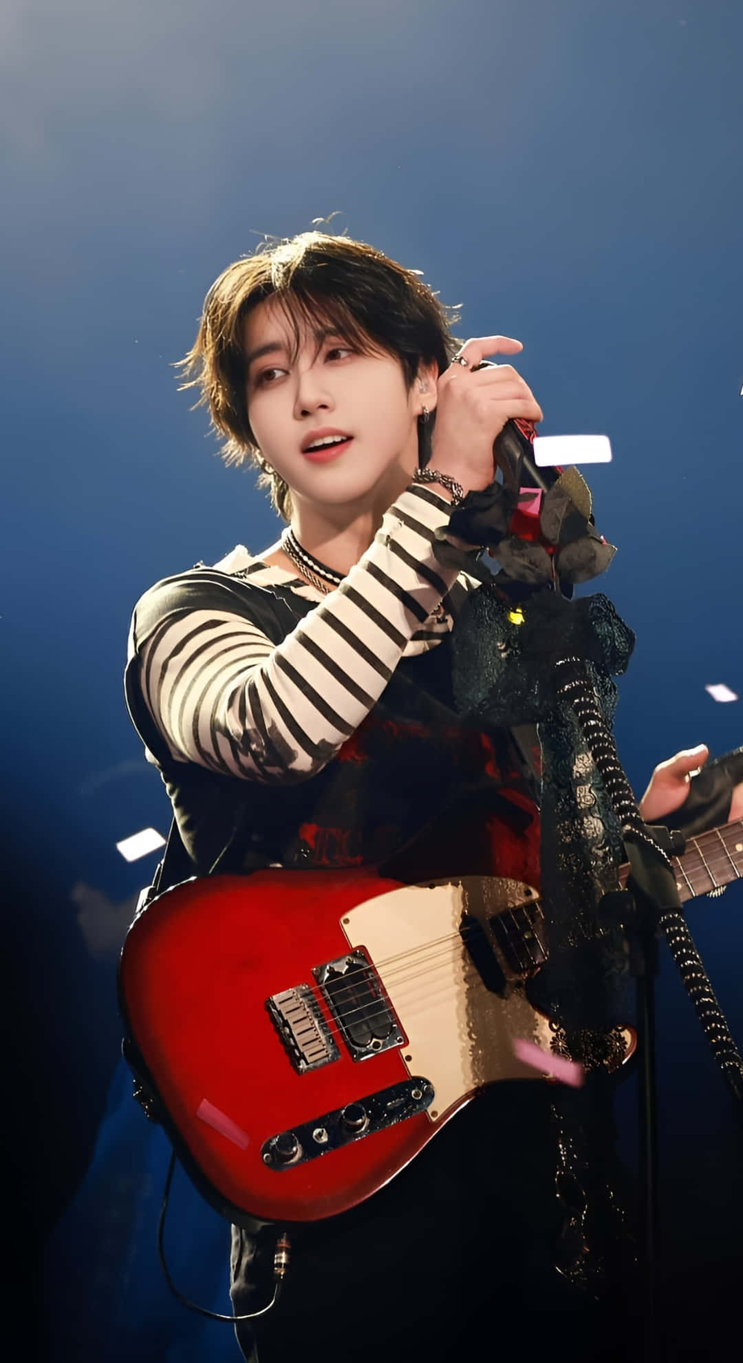 Han Stray Kids, red electric guitar, blue stage lights, Full HD Phone Wallpaper