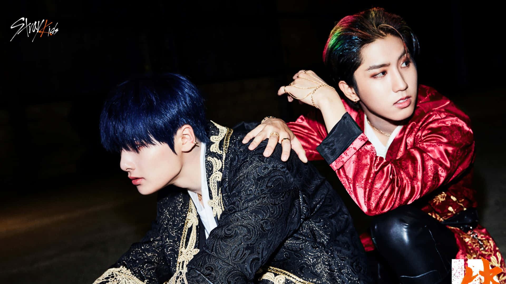 Han Stray Kids, black and red velvet outfits, dramatic lighting, Full HD Desktop Wallpaper