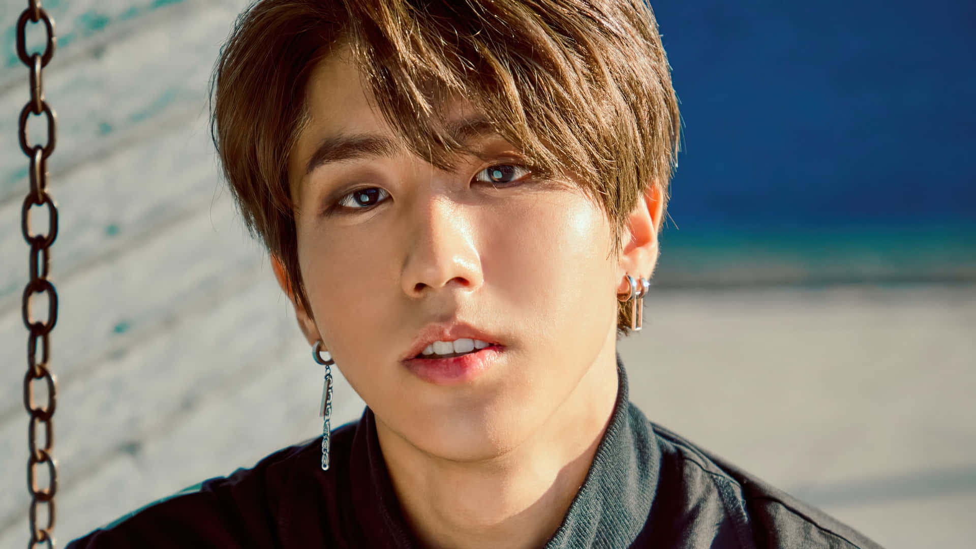 Han Stray Kids, brown hair, silver earrings, Full HD Desktop Wallpaper