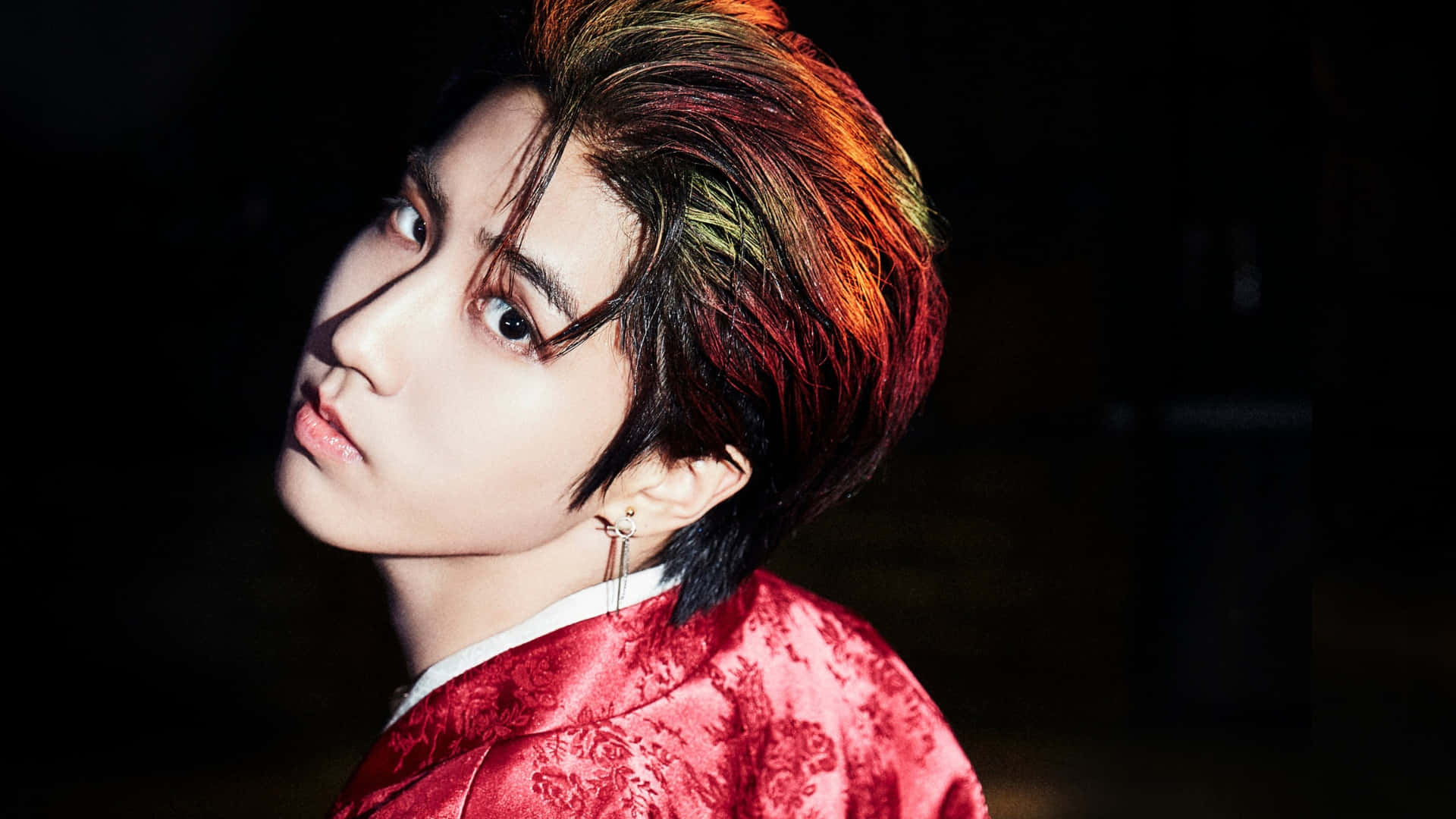 Han Stray Kids, rainbow hair, red patterned jacket, Full HD Desktop Wallpaper