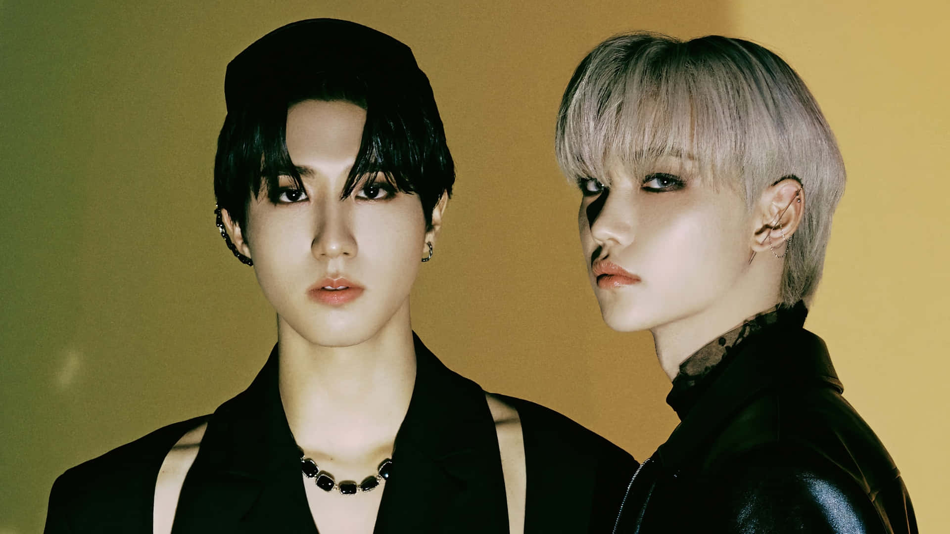 Han Stray Kids, stylish duo, warm yellow backdrop, Full HD Desktop Wallpaper