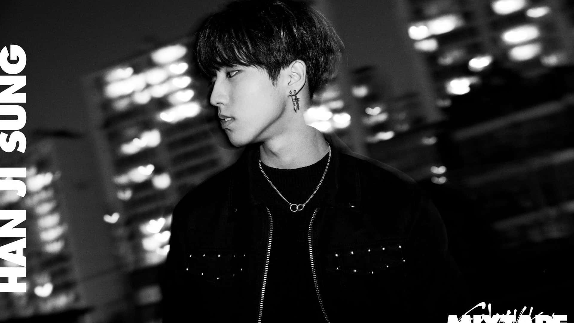 Han Stray Kids, black and white, short dark hair, Full HD Desktop Wallpaper