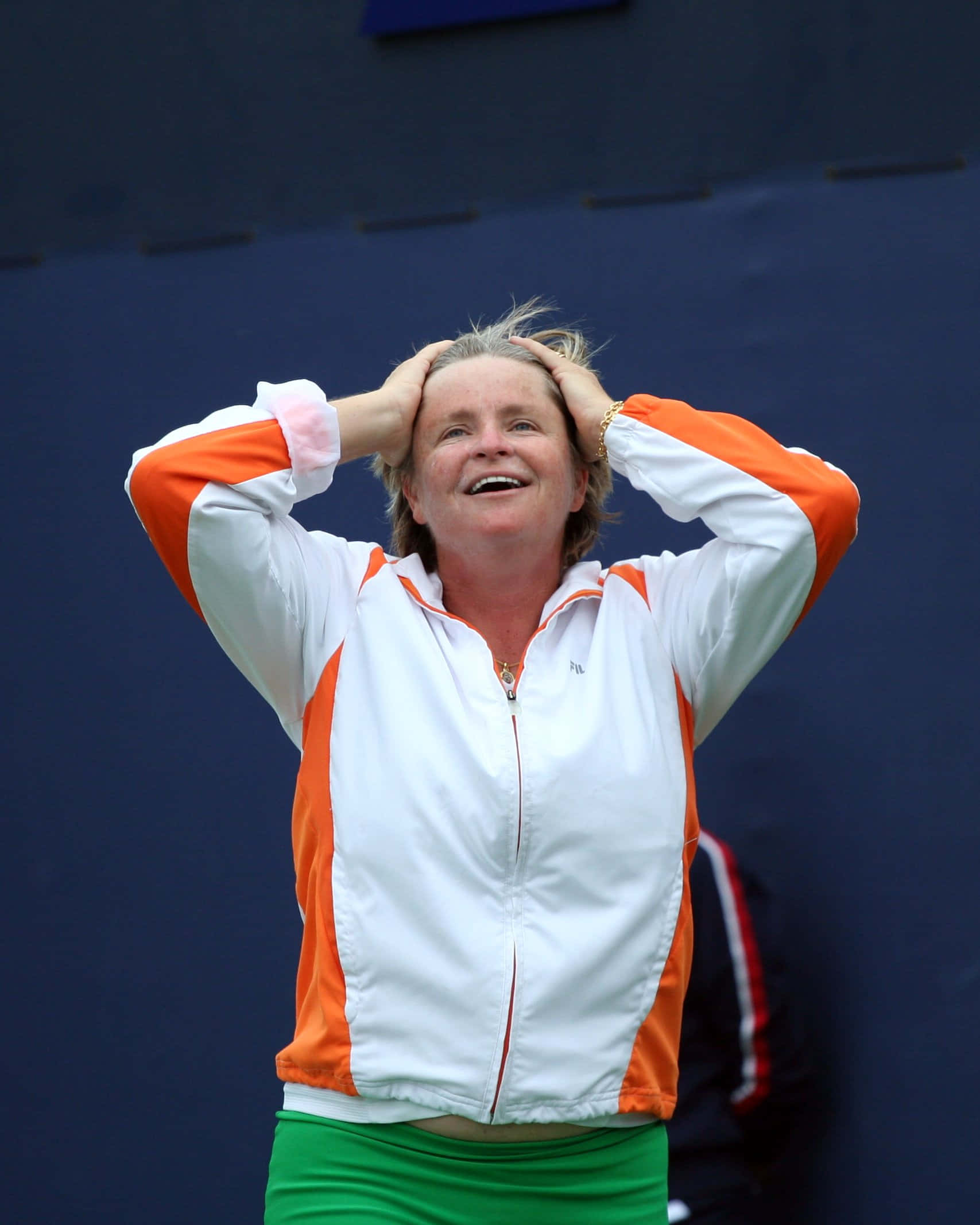 Hana Mandlíková, orange and white jacket, dark blue court wall, Full HD Phone Wallpaper