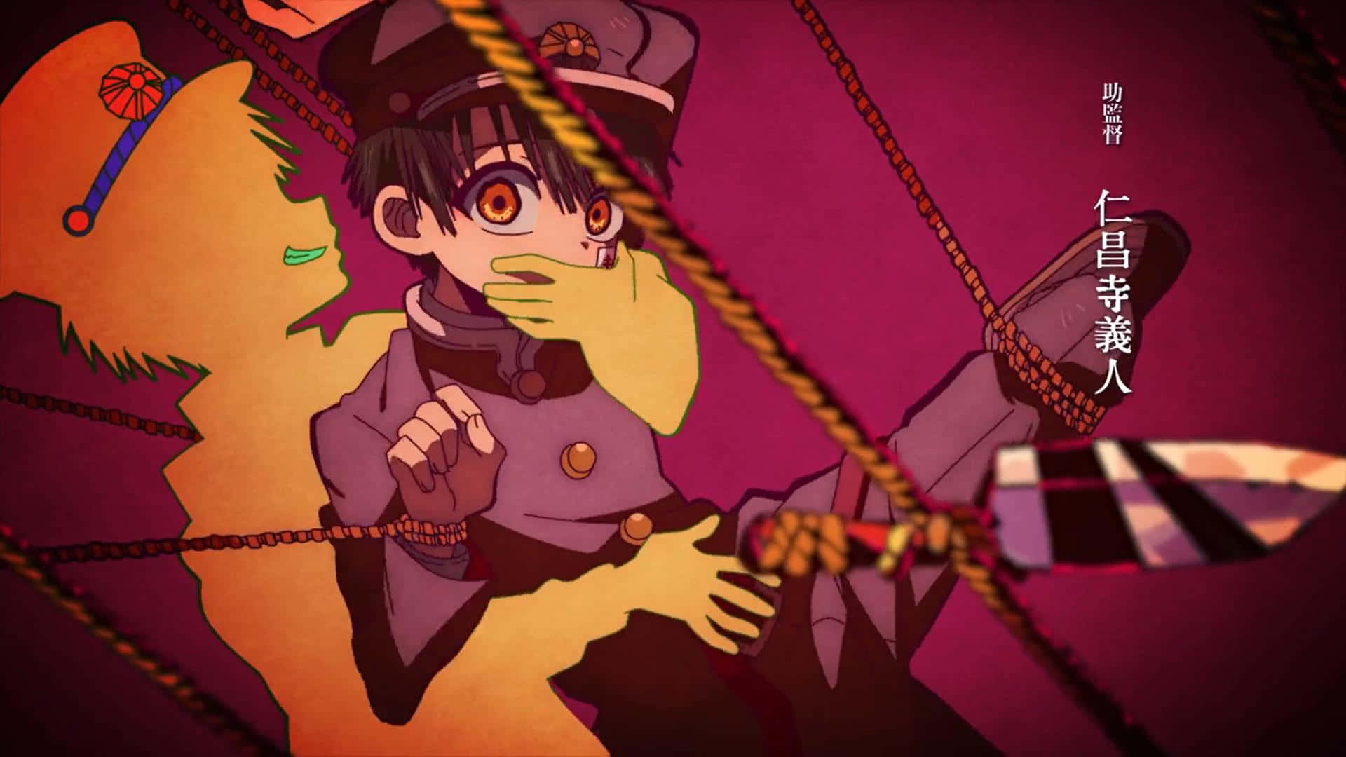 Hanako Kun, purple uniform, glowing orange eyes, Full HD Desktop Wallpaper