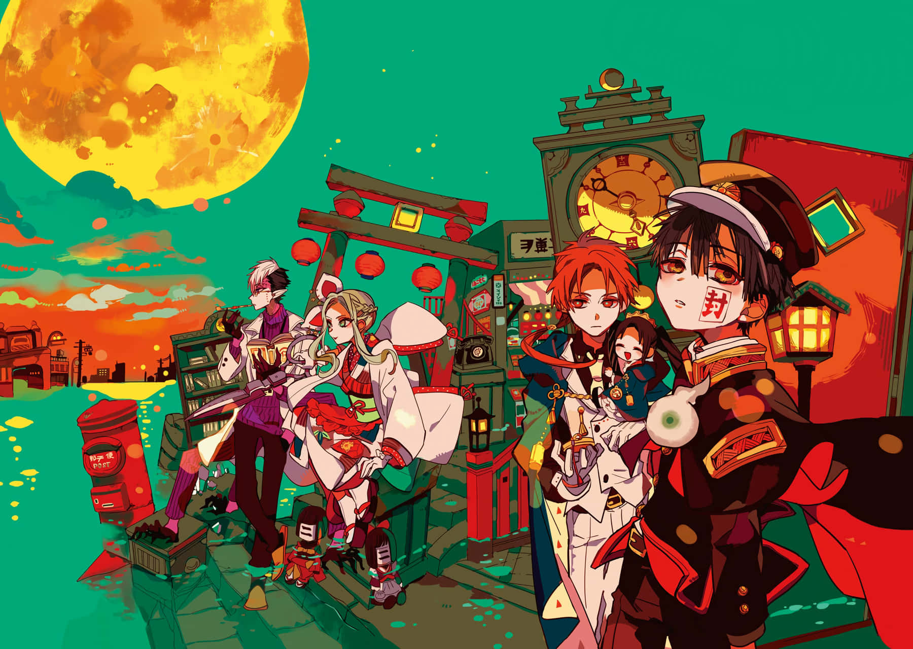 Hanako Kun PFP, vibrant red and green attire, giant clock, HD Desktop Wallpaper