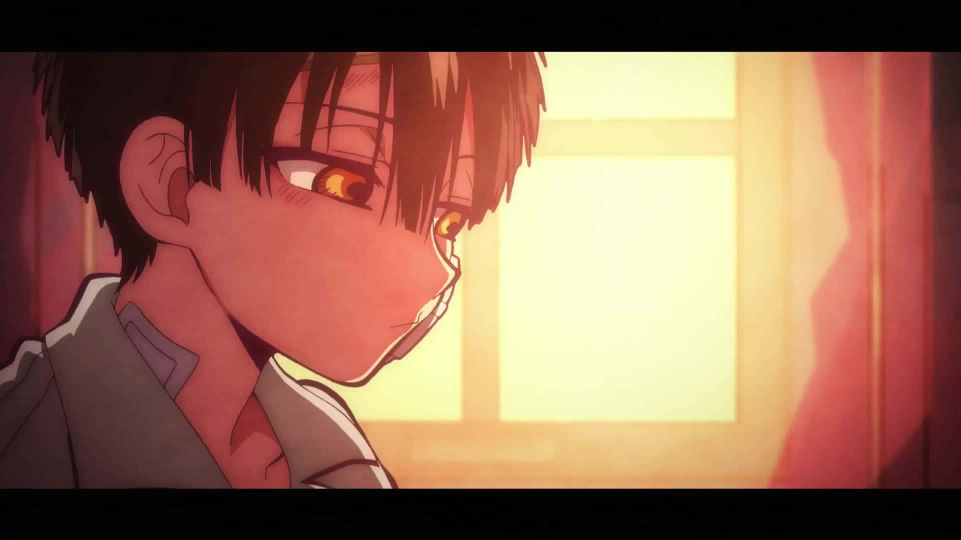 Hanako Kun, fiery orange eyes, warm window, Full HD Desktop Wallpaper