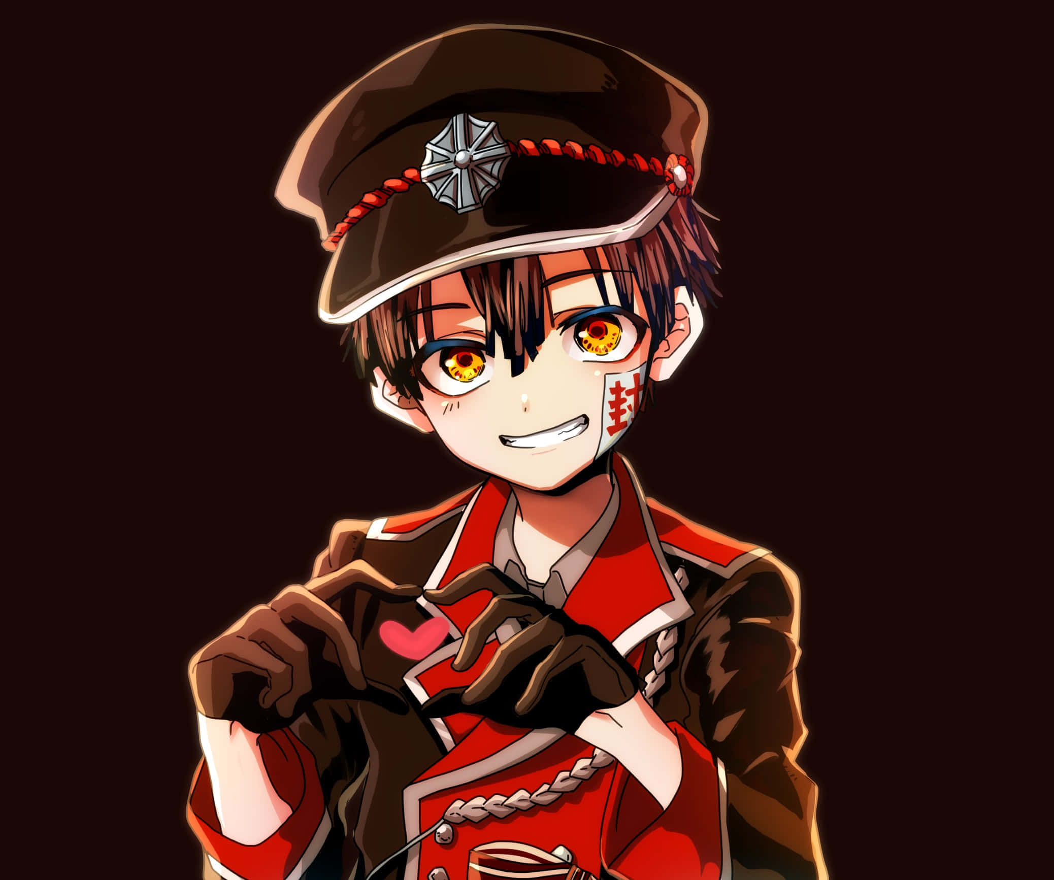 Hanako Kun, red military uniform, heart with hands, Full HD Desktop Wallpaper