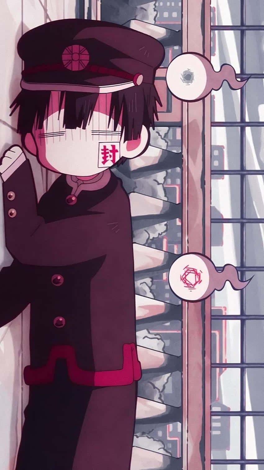 Hanako Kun, chibi anime character, dark uniform with red accents, HD Phone Wallpaper
