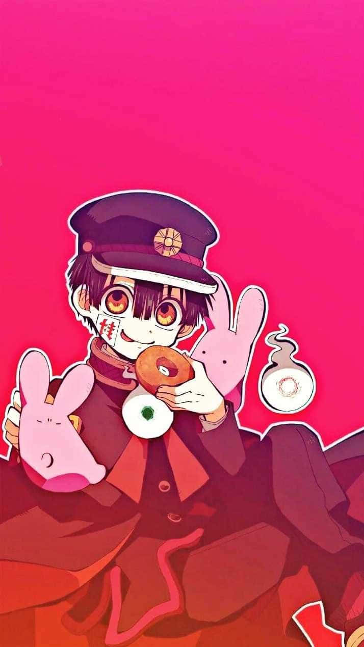 Hanako Kun, donut, pink bunny plushies, SD Phone Wallpaper