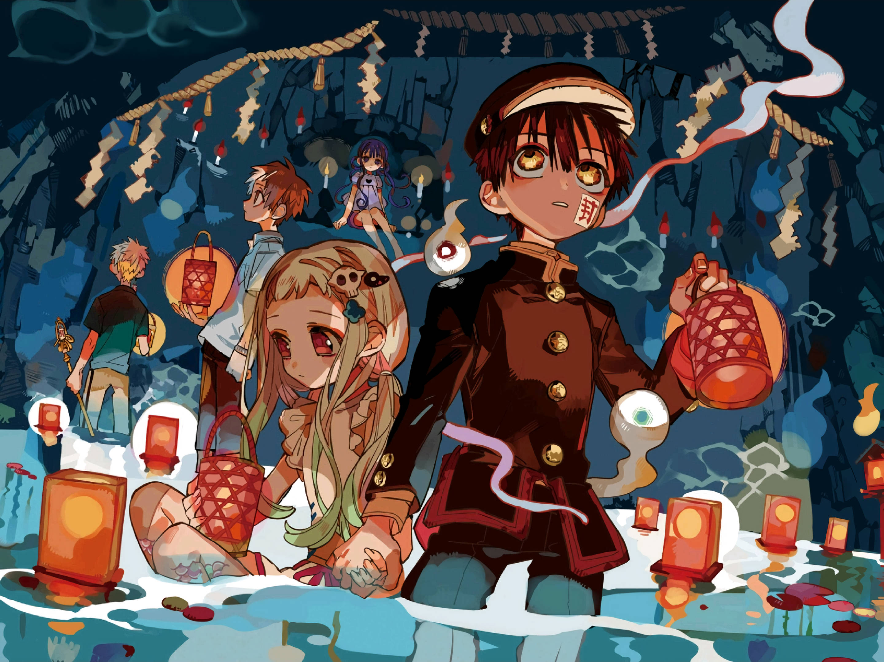 Hanako Kun, shrine cave, glowing lanterns, 2K Desktop Wallpaper