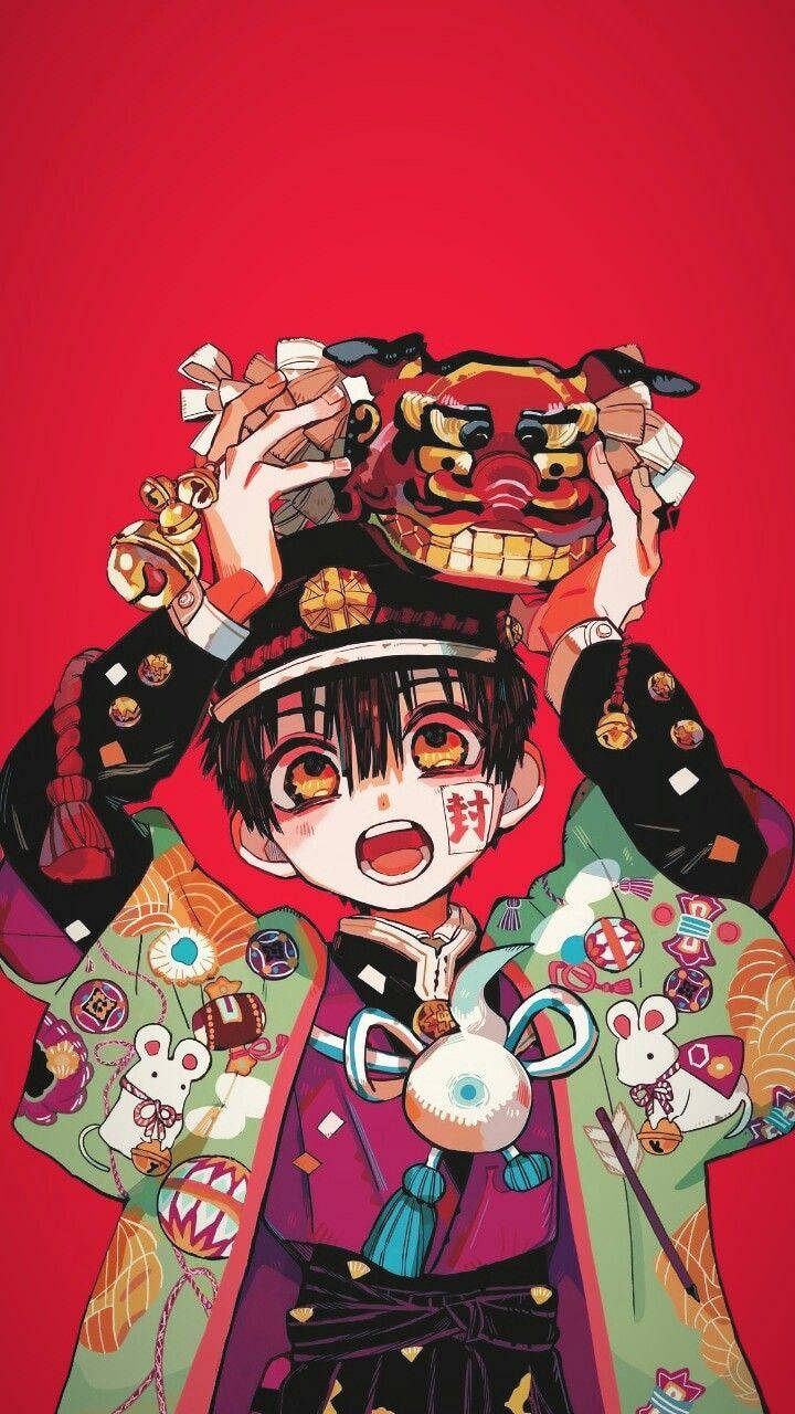 Hanako Kun, red lion dance mask, colorful traditional attire, HD Phone Wallpaper