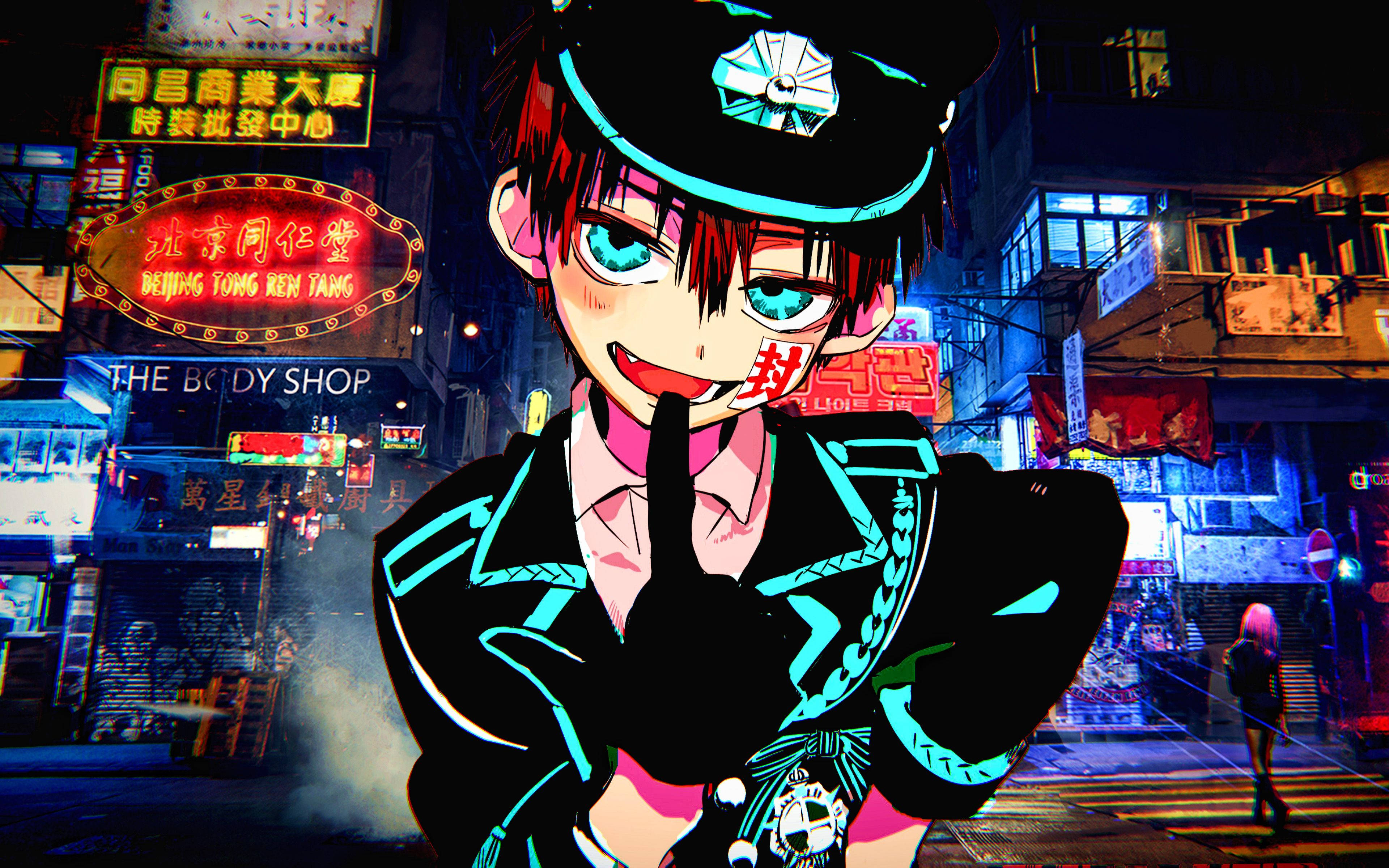 Hanako Kun, neon-lit urban alley, night, 4K Desktop Wallpaper