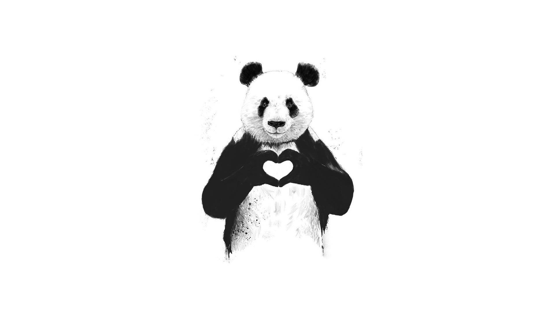 panda, heart shape, black and white illustrated, Full HD Desktop Wallpaper