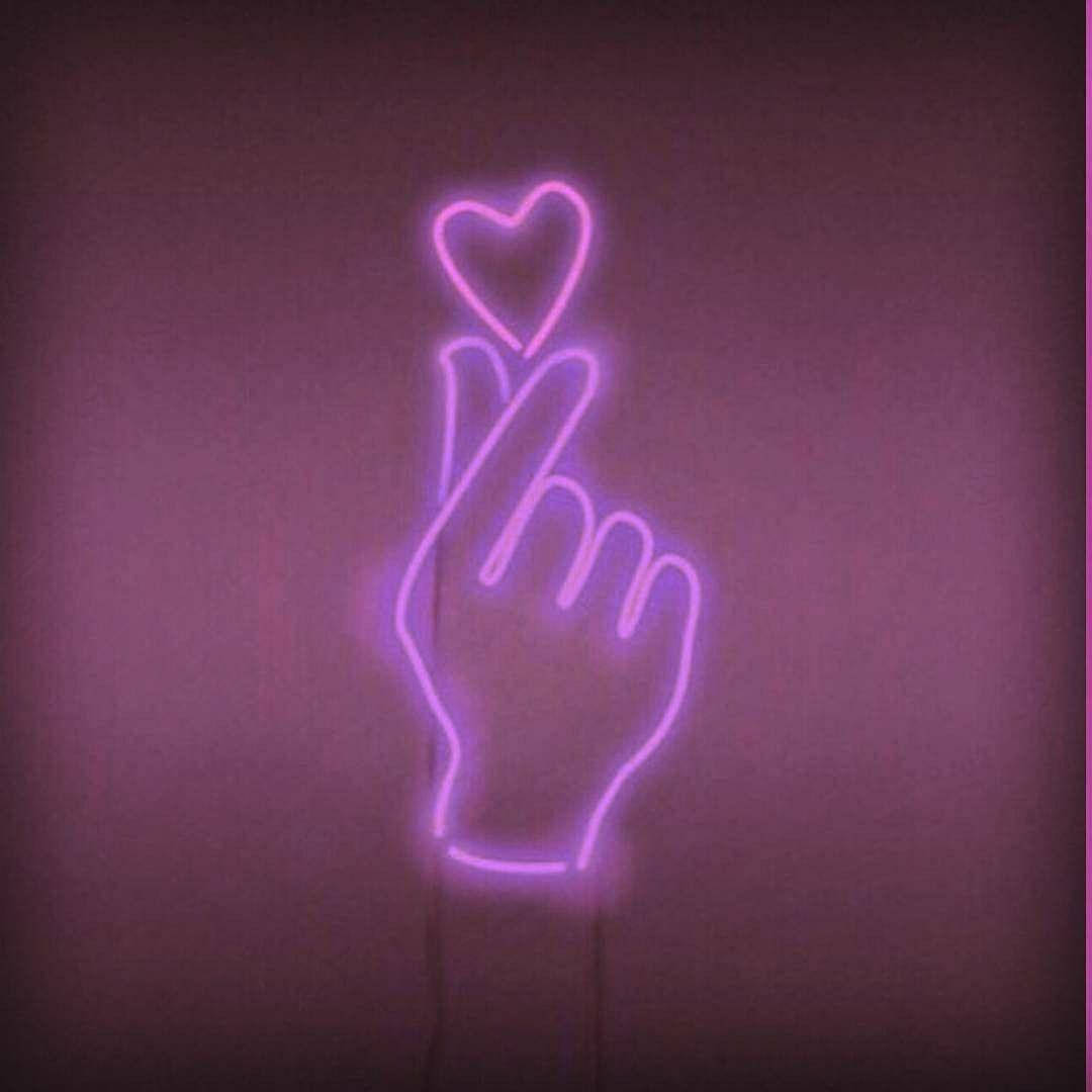 purple hand heart, glowing purple neon sign, hand making a heart gesture, SD Desktop Wallpaper
