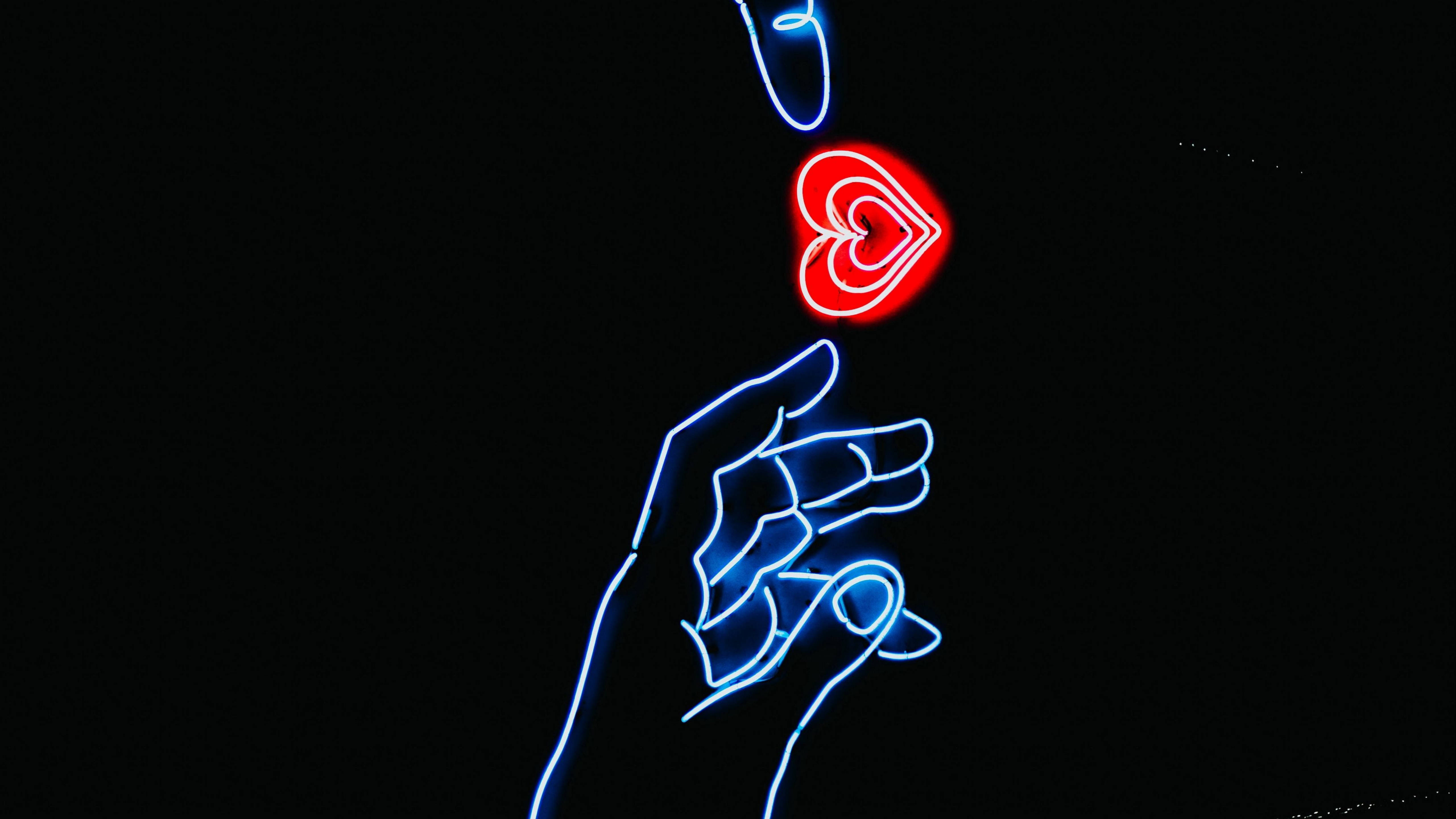 Hand Heart, blue neon, red neon, 5K Desktop Wallpaper