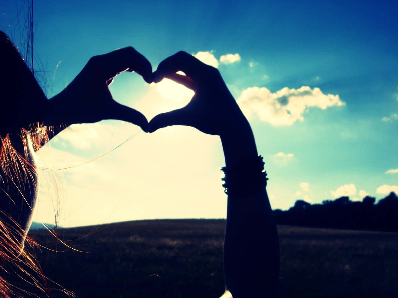heart shape, silhouette of hands, bright sunlit sky, HD Desktop Wallpaper