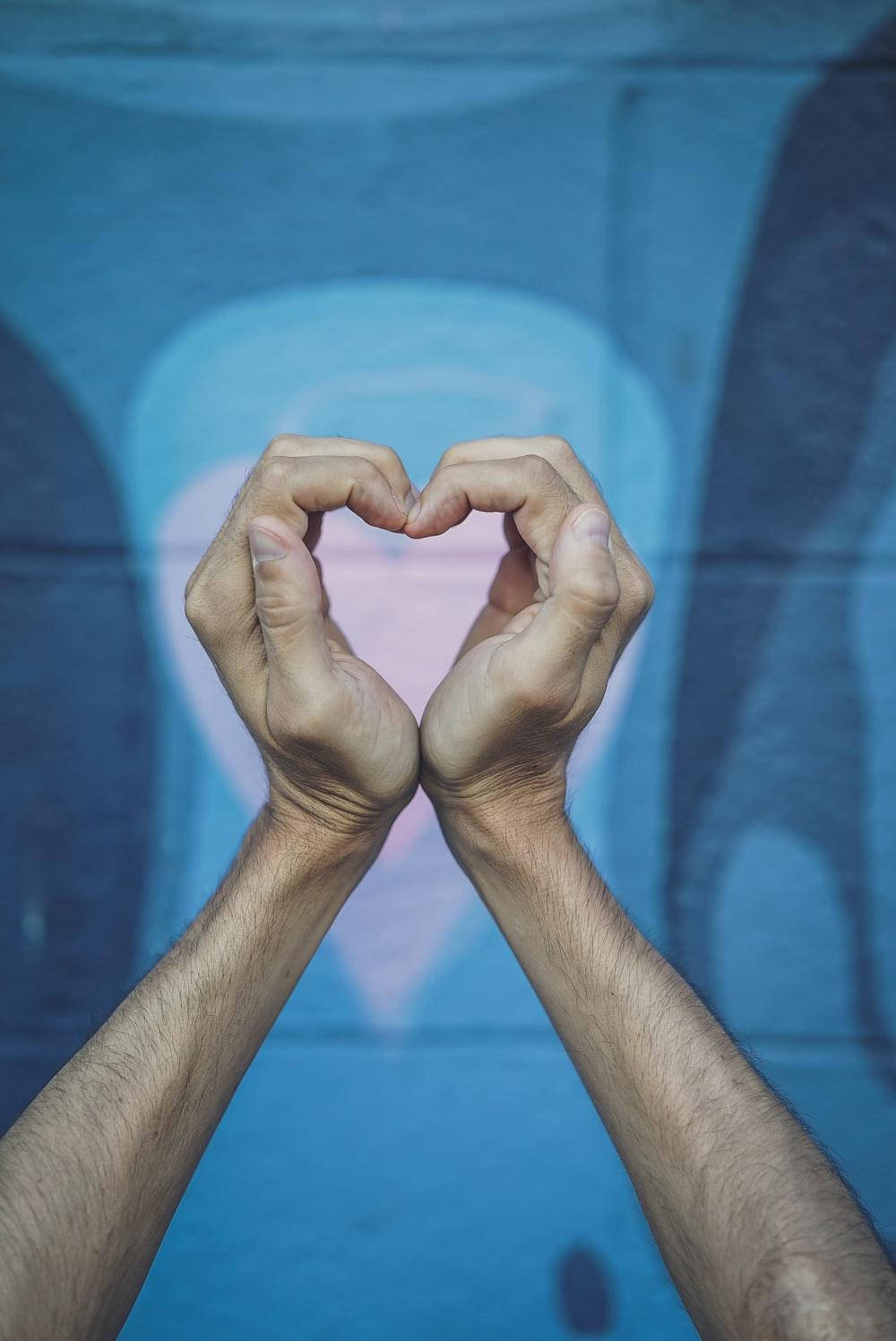 Hand Heart, blue graffiti wall, faded pink heart, HD Phone Wallpaper