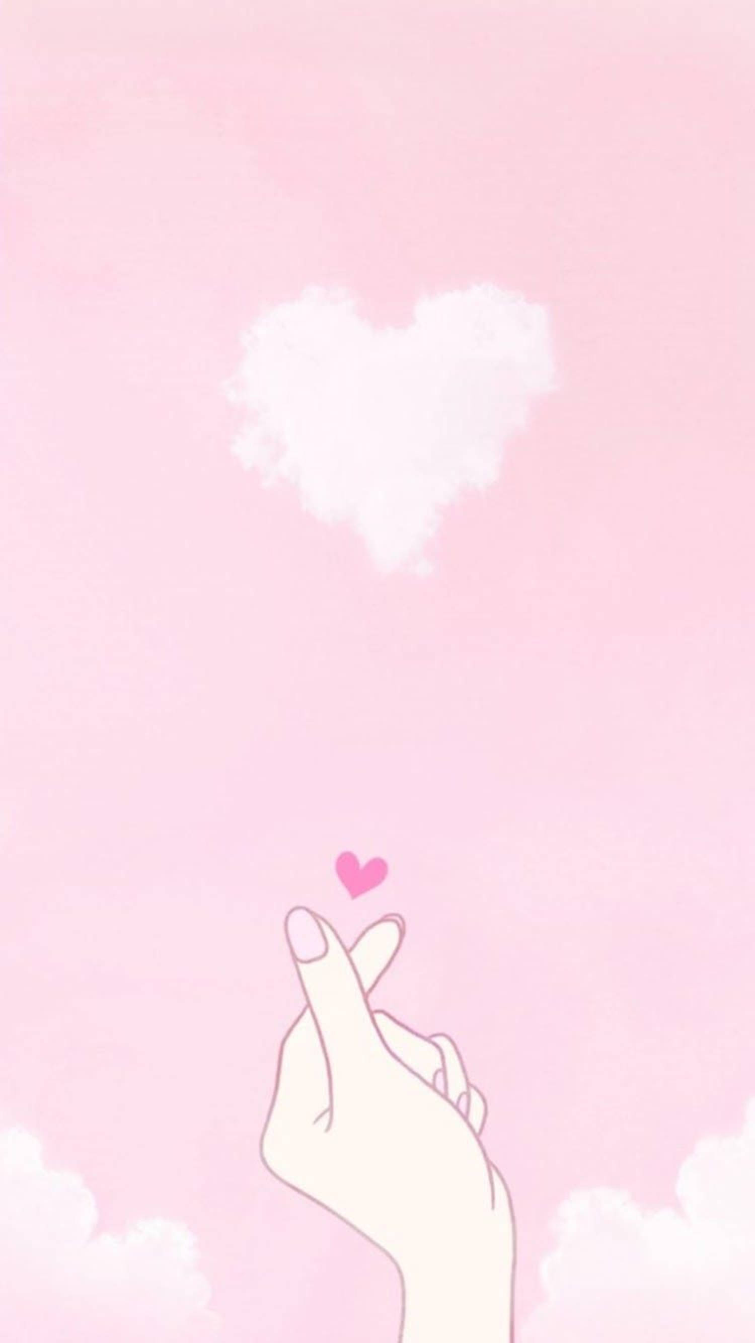 Korean finger heart drawing, heart gesture, fluffy white heart-shaped cloud, 2K Phone Wallpaper