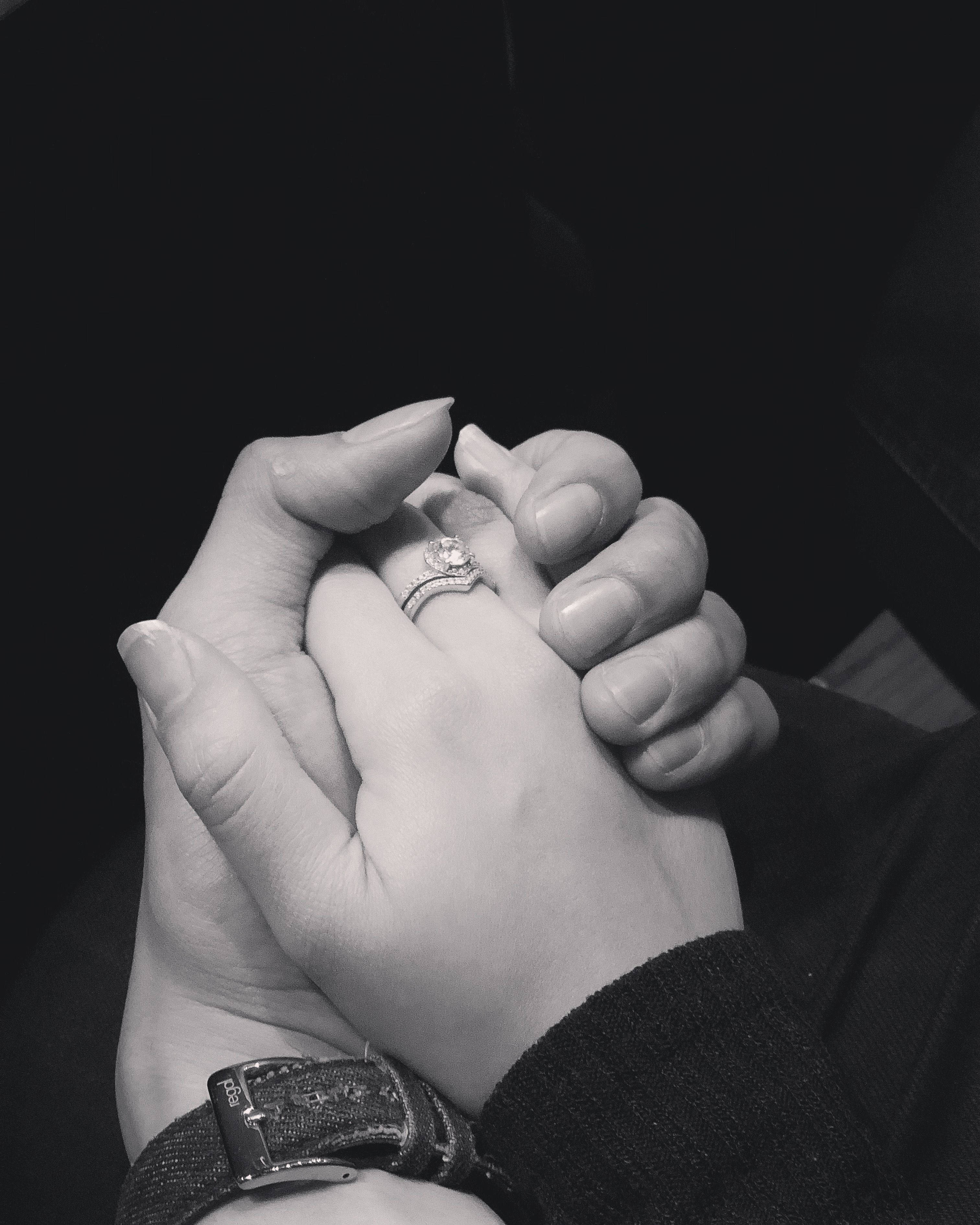 Hand In Hand, black and white, engagement ring, 2K Phone Wallpaper
