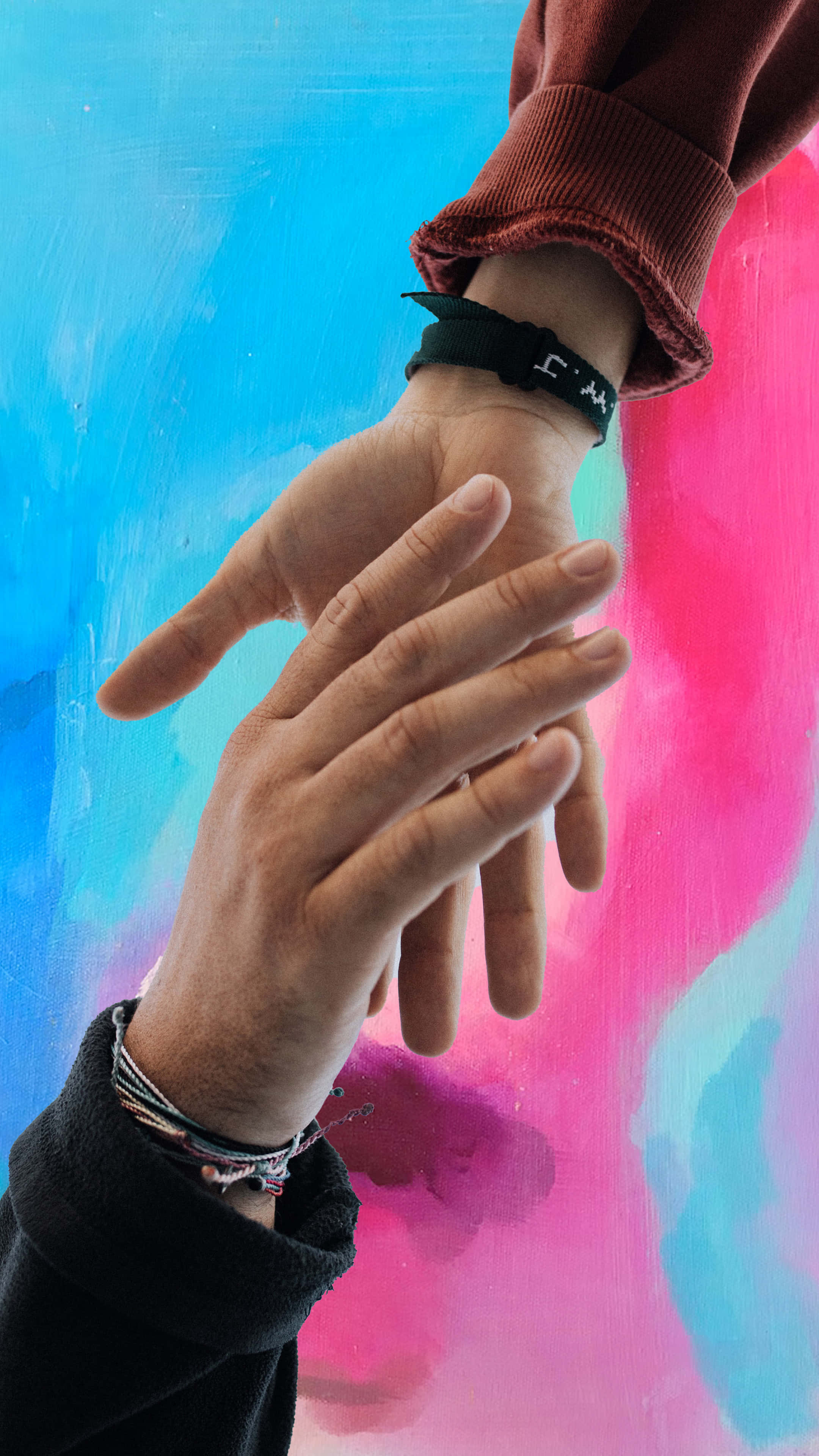 pink and blue handshake, vibrant blue, pink painted wall, 4K Phone Wallpaper