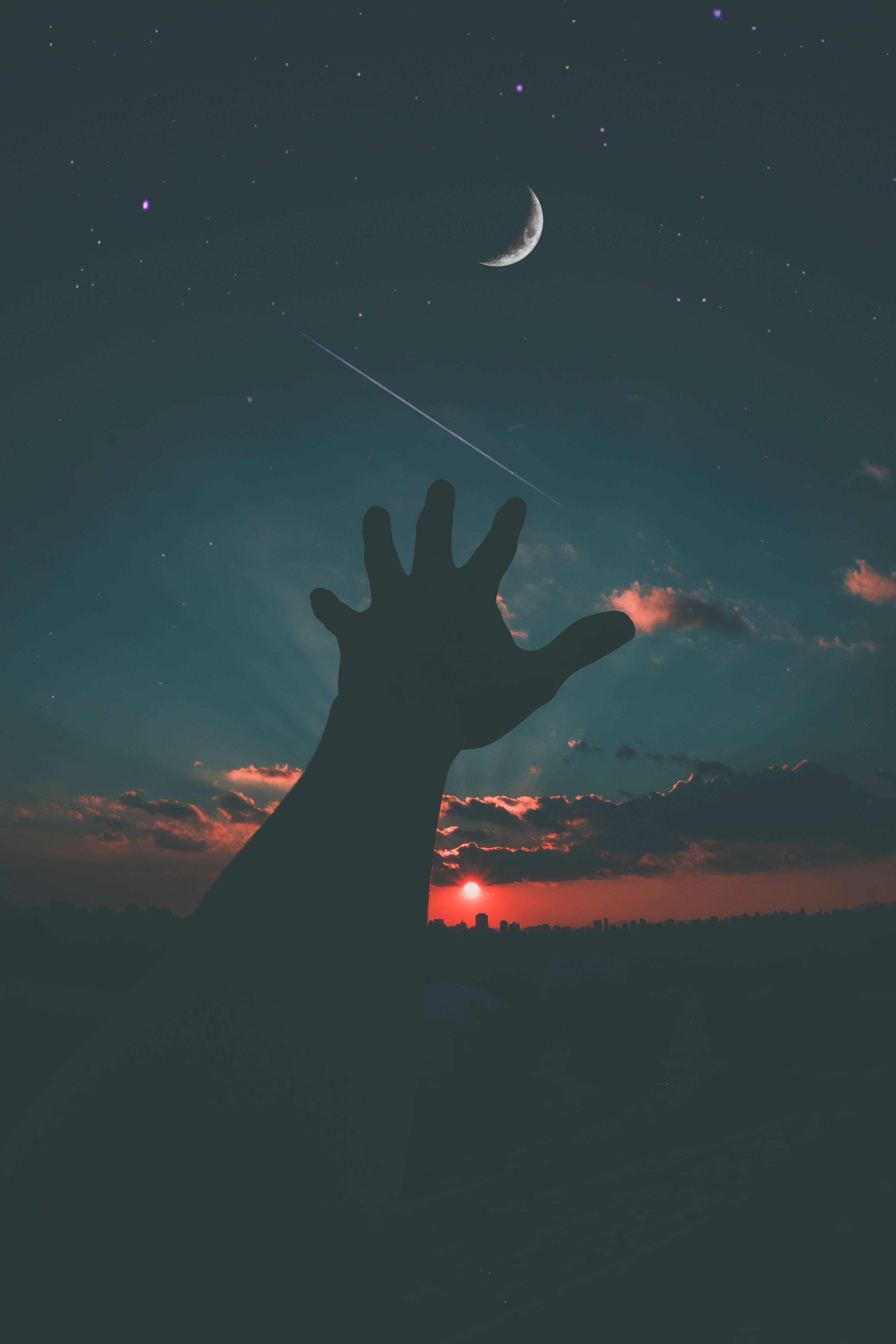 silhouette hand, crescent moon, shooting star, 5K Phone Wallpaper