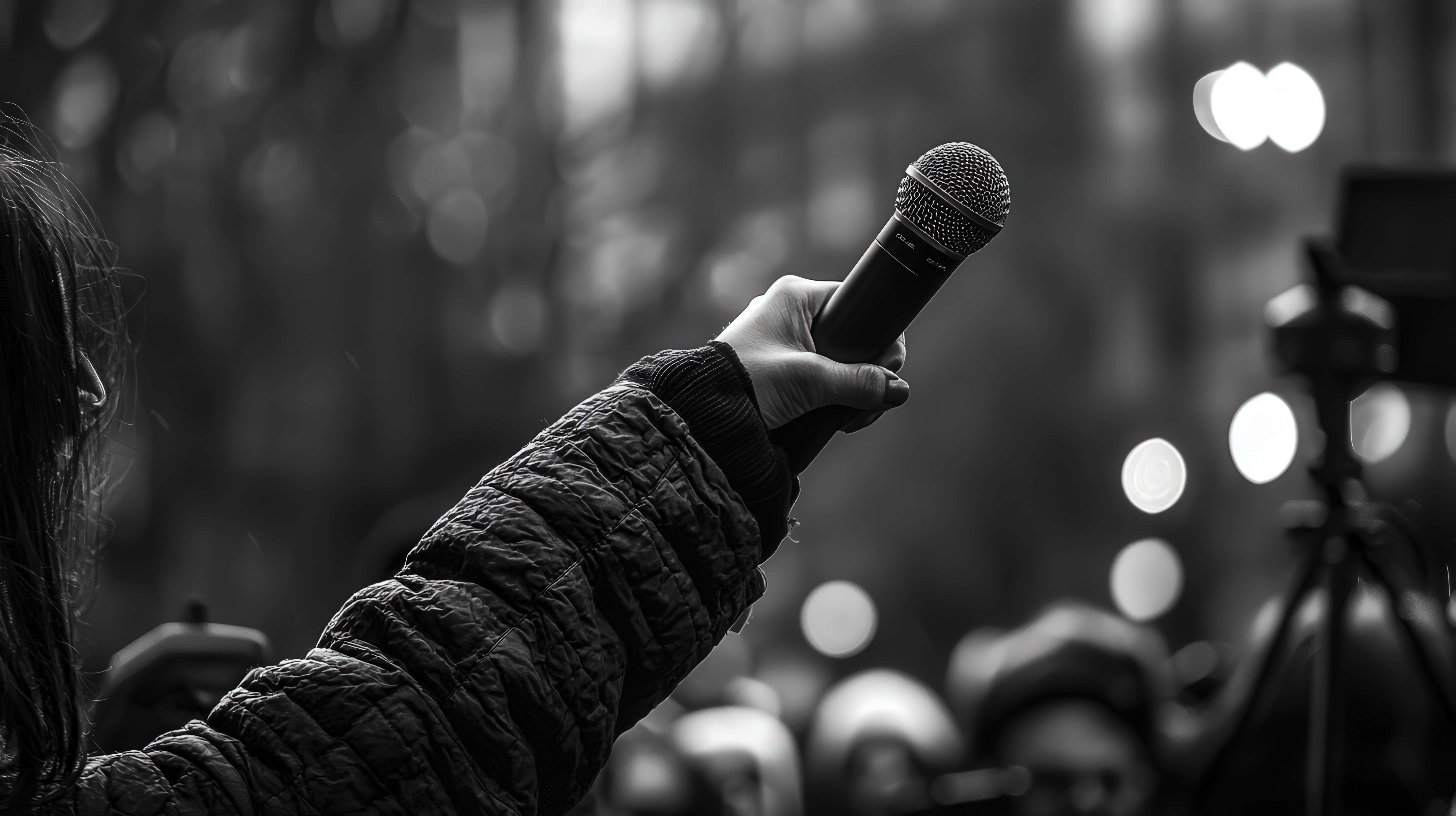 quilted sleeve, microphone, blurred crowd, 8K Desktop Wallpaper