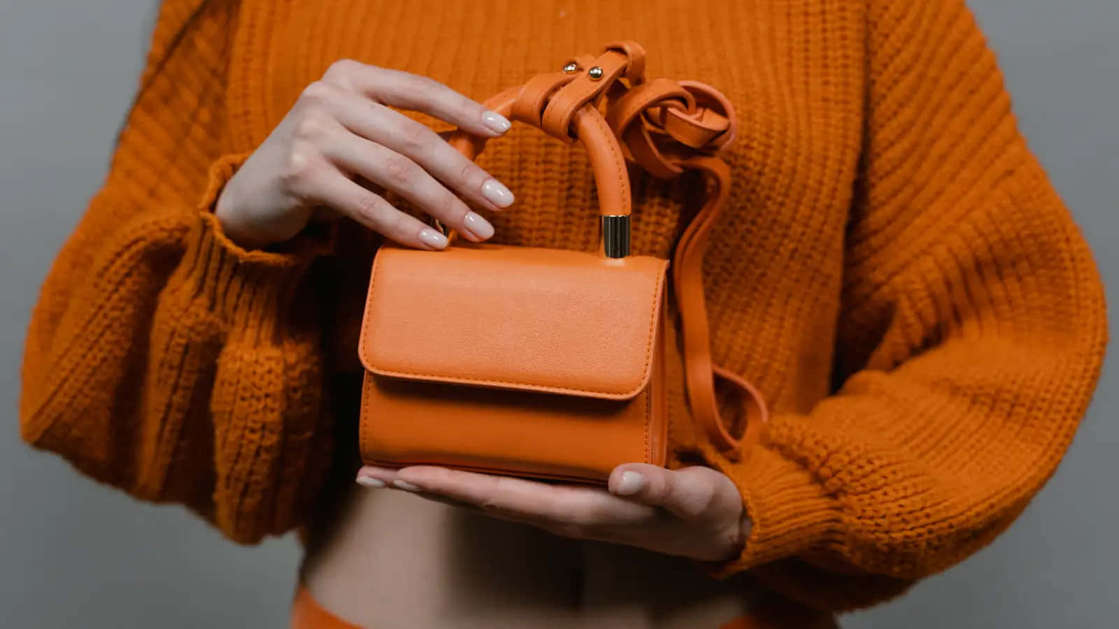 orange leather mini handbag, textured orange sweater, bow strap, HD Desktop Wallpaper
