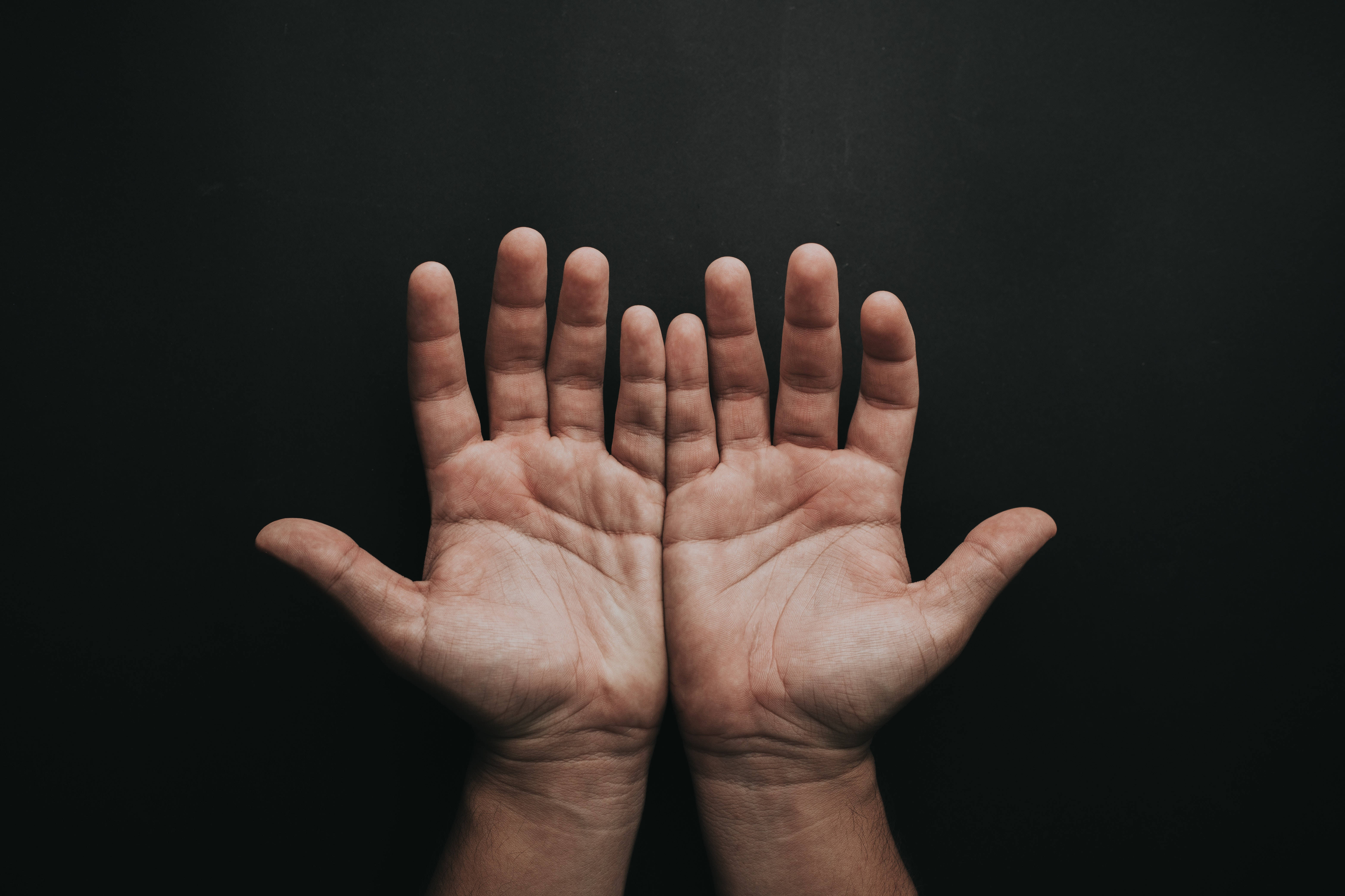 black bare hands, open palms, stark black background, 5K Desktop Wallpaper